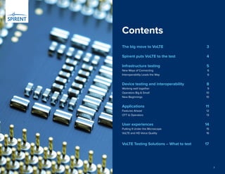 2 
Contents 
The big move to VoLTE 3 
Spirent puts VoLTE to the test 4 
Infrastructure testing 5 
New Ways of Connecting 6 
Interoperability Leads the Way 6 
Device testing and interoperability 8 
Working well together 9 
Operators Big & Small 10 
New Beginnings 10 
Applications 11 
Features Ahead 12 
OTT & Operators 13 
User experiences 14 
Putting It Under the Microscope 15 
VoLTE and HD Voice Quality 16 
VoLTE Testing Solutions – What to test 17 
 
