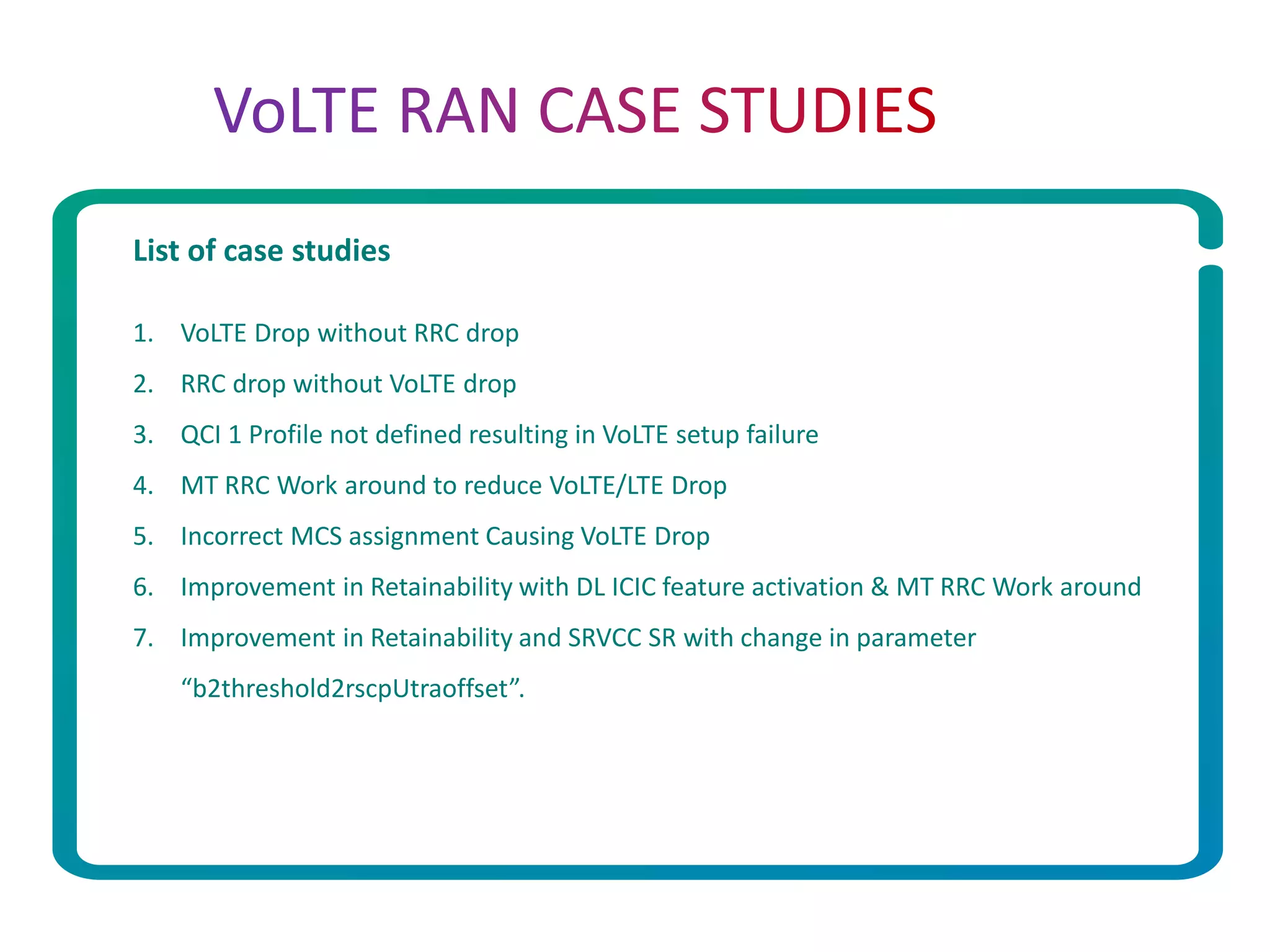 List of case studies
1. VoLTE Drop without RRC drop
2. RRC drop without VoLTE drop
3. QCI 1 Profile not defined resulting in VoLTE setup failure
4. MT RRC Work around to reduce VoLTE/LTE Drop
5. Incorrect MCS assignment Causing VoLTE Drop
6. Improvement in Retainability with DL ICIC feature activation & MT RRC Work around
7. Improvement in Retainability and SRVCC SR with change in parameter
“b2threshold2rscpUtraoffset”.
 