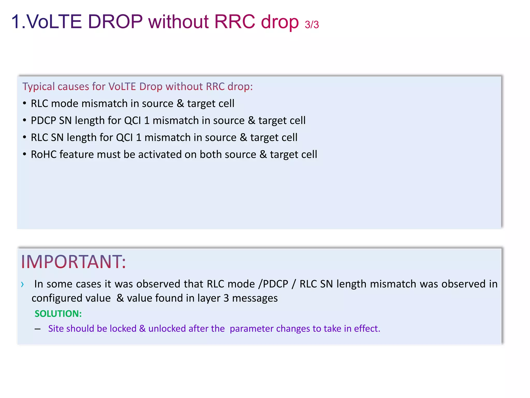 • RLC mode mismatch in source & target cell
• PDCP SN length for QCI 1 mismatch in source & target cell
• RLC SN length for QCI 1 mismatch in source & target cell
• RoHC feature must be activated on both source & target cell
› In some cases it was observed that RLC mode /PDCP / RLC SN length mismatch was observed in
configured value & value found in layer 3 messages
SOLUTION:
– Site should be locked & unlocked after the parameter changes to take in effect.
 