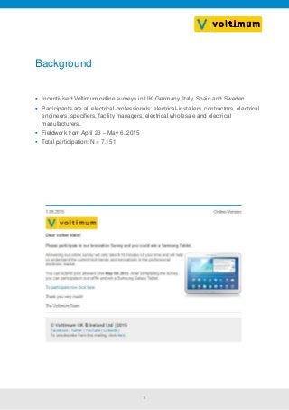 3
Background
 Incentivised Voltimum online surveys in UK, Germany, Italy, Spain and Sweden
 Participants are all electrical-professionals: electrical-installers, contractors, electrical
engineers, specifiers, facility managers, electrical wholesale and electrical
manufacturers.
 Fieldwork from April 23 – May 6, 2015
 Total participation: N = 7.151
 