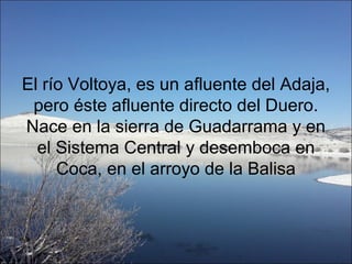 El río Voltoya, es un afluente del Adaja,
 pero éste afluente directo del Duero.
Nace en la sierra de Guadarrama y en
  el Sistema Central y desemboca en
     Coca, en el arroyo de la Balisa
 