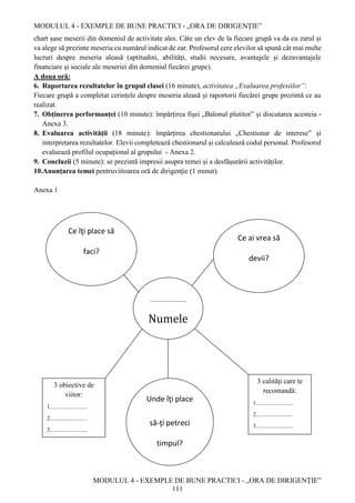 MODULUL 4 - EXEMPLE DE BUNE PRACTICI - „ORA DE DIRIGENȚIE”
MODULUL 4 - EXEMPLE DE BUNE PRACTICI - „ORA DE DIRIGENȚIE”
111
chart șase meserii din domeniul de activitate ales. Câte un elev de la fiecare grupă va da cu zarul și
va alege să prezinte meseria cu numărul indicat de zar. Profesorul cere elevilor să spună cât mai multe
lucruri despre meseria aleasă (aptitudini, abilități, studii necesare, avantajele și dezavantajele
financiare și sociale ale meseriei din domeniul fiecărei grupe).
A doua oră:
6. Raportarea rezultatelor în grupul clasei (16 minute), activitatea „Evaluarea profesiilor”:
Fiecare grupă a completat cerințele despre meseria aleasă și raportorii fiecărei grupe prezintă ce au
realizat.
7. Obținerea performanței (10 minute): împărțirea fișei „Balonul plutitor” și discutarea acesteia -
Anexa 3.
8. Evaluarea activității (18 minute): împărțirea chestionarului „Chestionar de interese” și
interpretarea rezultatelor. Elevii completează chestionarul și calculează codul personal. Profesorul
evaluează profilul ocupațional al grupului - Anexa 2.
9. Concluzii (5 minute): se prezintă impresii asupra temei și a desfășurării activităților.
10.Anunțarea temei pentruviitoarea oră de dirigenţie (1 minut).
Anexa 1
……………………
Numele
3 calităţi care te
recomandă:
1.........................
2.........................
3.........................
3 obiective de
viitor:
1.........................
2.........................
3.........................
Unde îţi place
să-ţi petreci
timpul?
Ce îţi place să
faci?
..........................
Ce ai vrea să
devii?
..........................
 