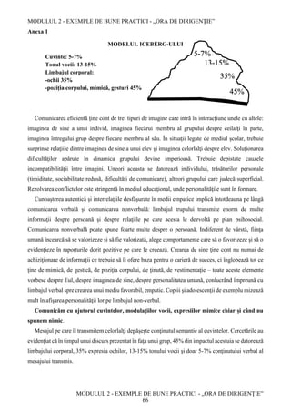 MODULUL 2 - EXEMPLE DE BUNE PRACTICI - „ORA DE DIRIGENȚIE”
MODULUL 2 - EXEMPLE DE BUNE PRACTICI - „ORA DE DIRIGENȚIE”
66
Anexa 1
MODELUL ICEBERG-ULUI
Cuvinte: 5-7%
Tonul vocii: 13-15%
Limbajul corporal:
-ochii 35%
-poziția corpului, mimică, gesturi 45%
Comunicarea eficientă ţine cont de trei tipuri de imagine care intră în interacţiune unele cu altele:
imaginea de sine a unui individ, imaginea fiecărui membru al grupului despre ceilalţi în parte,
imaginea întregului grup despre fiecare membru al său. În situaţii legate de mediul şcolar, trebuie
surprinse relaţiile dintre imaginea de sine a unui elev şi imaginea celorlalţi despre elev. Soluţionarea
dificultăţilor apărute în dinamica grupului devine imperioasă. Trebuie depistate cauzele
incompatibilităţii între imagini. Uneori aceasta se datorează individului, trăsăturilor personale
(timiditate, sociabilitate redusă, dificultăţi de comunicare), alteori grupului care judecă superficial.
Rezolvarea conflictelor este stringentă în mediul educaţional, unde personalităţile sunt în formare.
Cunoaşterea autentică şi interrelaţiile desfăşurate în medii empatice implică întotdeauna pe lângă
comunicarea verbală și comunicarea nonverbală: limbajul trupului transmite enorm de multe
informaţii despre persoană şi despre relaţiile pe care acesta le dezvoltă pe plan psihosocial.
Comunicarea nonverbală poate spune foarte multe despre o persoană. Indiferent de vârstă, fiinţa
umană încearcă să se valorizeze şi să fie valorizată, alege comportamente care să o favorizeze şi să o
evidenţieze în raporturile dorit pozitive pe care le creează. Crearea de sine ţine cont nu numai de
achiziţionare de informaţii ce trebuie să îi ofere baza pentru o carieră de succes, ci înglobează tot ce
ţine de mimică, de gestică, de poziţia corpului, de ţinută, de vestimentaţie – toate aceste elemente
vorbesc despre Eul, despre imaginea de sine, despre personalitatea umană, conlucrând împreună cu
limbajul verbal spre crearea unui mediu favorabil, empatic. Copiii şi adolescenţii de exemplu mizează
mult în afişarea personalităţii lor pe limbajul non-verbal.
Comunicăm cu ajutorul cuvintelor, modulaţiilor vocii, expresiilor mimice chiar şi când nu
spunem nimic.
Mesajul pe care îl transmitem celorlalţi depăşeşte conţinutul semantic al cuvintelor. Cercetările au
evidenţiat că în timpul unui discurs prezentat în faţa unui grup, 45% din impactul acestuia se datorează
limbajului corporal, 35% expresia ochilor, 13-15% tonului vocii şi doar 5-7% conţinutului verbal al
mesajului transmis.
5-7%
13-15%
35%
45%
 