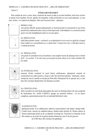 MODULUL 3 - EXEMPLE DE BUNE PRACTICI – „ORA DE DIRIGENȚIE”
MODULUL 3 - EXEMPLE DE BUNE PRACTICI - „ORA DE DIRIGENȚIE”
73
Anexa 2
PÂNZA DE PĂIANJEN
Pare simplu de scris o carte, doar o înşiruire de nume şi date și cuvinte însăilate, însă orice scriitor
ar spune că ne înşelăm. Ne-am gândit să comparăm truda scriitorului cu cea a unui păianjen și, mai
ales, cartea , cu o pânză de păianjen. Iată cum lucrează omul – păianjen:
PRIMUL PAS:
este partea dificilă: puntea păianjenului se formează doar în momentul în care briza
poartă linia mătăsoasă către zona cu linia lipicioasă. Câtă răbdare! La scriitorul nostru
greul vine din încăpăţânarea ideii ce nu mai apare.
AL DOILEA PAS:
când ideea prinde contur , scriitorul, ca şi păianjenul traversează cu grijă de-a lungul
liniei subţiri şi o consolidează cu o a doua linie. A doua linie este o altă idee mică ce
o susţine pe prima.
AL TREILEA PAS:
care poate fi considerat miezul lucrăturii, este migălos lucrat de păianjen într-o formă
de Y . La scriitor, Y-ul este ideea principală în jurul căreia el ţes toate celelalte file
ale cărţii.
AL PATRULEA PAS:
armonia firelor continuă în jurul literei unificatoare, păianjenul reuşind să
construiască un cadru pentru a ataşa şi alte fire.Scriitorul găseşte amănunte, nume,
situaţii pe care le prinde cu atenţie pe foile albe. Păianjenul nu se opreşte aici, ci mai
face fire circulare lăsând între ele distanţa cuvenită.
AL CINCILEA PAS:
firele circulare nu sunt decât episoadele din carte iar distanţa dintre ele este susţinută
de încărcătura lor. Astfel CARTEA ajunge un material înflorat , ca un desen
complicat, amestecând aceste fire şi realizând labirintul vieţii.
Al ŞASELEA PAS:
păianjenul poate să se odihnească, stând în centrul pânzei sale după o lungă trudă.
Ciudat lucru, insecta îşi mănâncă pânza, lăsând intact primul fir. Reface pânza în
fiecare dimineaţă ştiind că de ea depinde existenţa lui. Scriitorul se hraneşte la fel
din creaţia sa, de acolo îşi ia putere pentru drumul pe care îl are de parcurs.
Și el RE-face, RE-creează, Re-gândeşte.
 