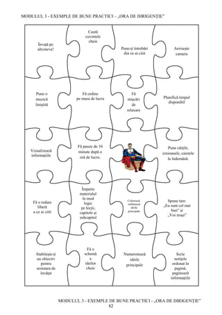 MODULUL 3 - EXEMPLE DE BUNE PRACTICI – „ORA DE DIRIGENȚIE”
MODULUL 3 - EXEMPLE DE BUNE PRACTICI - „ORA DE DIRIGENȚIE”
82
Fă ordine
pe masa de lucru
Pune-ţi întrebări
din ce ai citit
Planifică timpul
disponibil
Aeriseşte
camera
Pune o
muzică
liniştită
Fă
mişcări
de
relaxare
Pune cărţile,
creioanele, caietele
la îndemână.
Fă pauze de 10
minute după o
oră de lucru.
Vizualizează
informațiile
Spune tare:
„Eu sunt cel mai
bun” și
„Voi reuşi”
Numerotează
ideile
principale
Fă o redare
liberă
a ce ai citit
Fă o
schemă
a
ideilor
cheie
Caută
cuvintele
cheie
Învaţă pe
altcineva!
Scrie
notiţele
ordonat în
pagină,
paginează
informaţiile
Stabileşte-ţi
un obiectiv
pentru
sesiunea de
învăţat
Colorează,
subliniază
ideile
principale
Împarte
materialul
în mod
logic
pe lecţii,
capitole şi
subcapitol
e
 