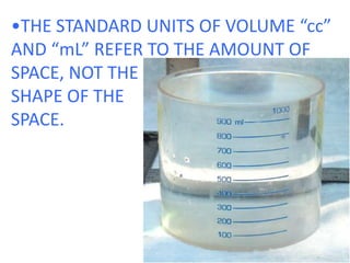 •THE STANDARD UNITS OF VOLUME “cc” AND “mL” REFER TO THE AMOUNT OF SPACE, NOT THESHAPE OF THESPACE.