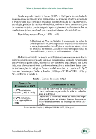 Coleção Gestão da Saúde Pública – Volume 13	 185
Wilmar do Nascimento # Maurício Fernandes Pereira # Juliana Pereira
Ainda segundo Quirino e Xavier (1987), a QVT pode ser avaliada de
duas maneiras dentro de uma organização: de maneira objetiva, avaliando
a mensuração das condições materiais (disponibilidade de equipamentos,
tecnologia, padrões de salários e benefícios, ambiente físico, entre outras); ou
de maneira subjetiva que investigaria a percepção dos trabalhadores sobre as
condições objetivas, avaliando-as em satisfatórias ou não satisfatórias.
Para Albuquerque e França (1998, p. 41),
A Qualidade de Vida no Trabalho é um conjunto de ações de
uma empresa que envolve diagnóstico e implantação de melhorias
e inovações gerenciais, tecnológicas e estruturais, dentro e fora
do ambiente de trabalho, visando propiciar condições plenas de
desenvolvimento humano na realização do seu ofício.
O desenvolvimento de novas tecnologias obriga as empresas a traba-
lharem com mão de obra cada vez mais especializada, exigindo funcionários
cada vez mais qualificados, treinados e em constante capacitação, por outro
lado, elas oferecem melhores condições de trabalho e até salário. Essas cons-
tantes inovações tecnológicas fizeram também evoluir os conceitos do QVT,
que são descrias por Nadler e Lawler (1983 apud FERNANDES, 1996, p.
42), conforme a Tabela 1.
Tabela 1: Evolução do conceito de QVT
Concepções
Evolutivas do QVT
Características ou Visão
1. QVT como uma
variável (1959 a 1972)
Reação do indivíduo ao trabalho. Investigava-se
como melhorar a qualidade de vida no trabalho
para o indivíduo.
2. QVT como uma
abordagem (1969 a
1974)
O foco era o indivíduo antes do resultado orga-
nizacional; mas, ao mesmo tempo, buscava-se
trazer melhorias tanto ao empregado como à di-
reção.
Fonte: Nadler e Lawler (1983 apud FERNANDES, 1996, p. 42)
 