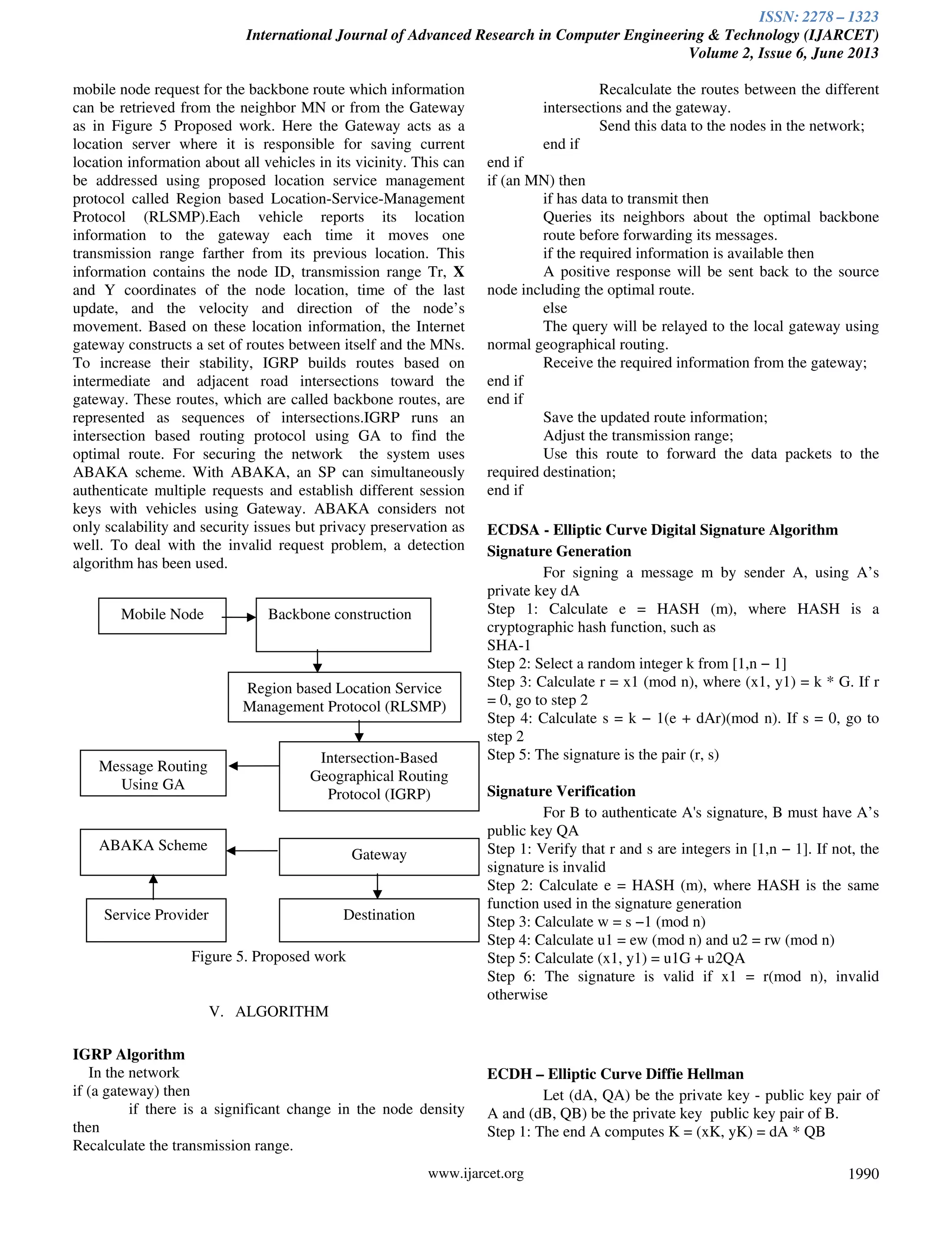 ISSN: 2278 – 1323
International Journal of Advanced Research in Computer Engineering & Technology (IJARCET)
Volume 2, Issue 6, June 2013
www.ijarcet.org 1990
mobile node request for the backbone route which information
can be retrieved from the neighbor MN or from the Gateway
as in Figure 5 Proposed work. Here the Gateway acts as a
location server where it is responsible for saving current
location information about all vehicles in its vicinity. This can
be addressed using proposed location service management
protocol called Region based Location-Service-Management
Protocol (RLSMP).Each vehicle reports its location
information to the gateway each time it moves one
transmission range farther from its previous location. This
information contains the node ID, transmission range Tr, X
and Y coordinates of the node location, time of the last
update, and the velocity and direction of the node’s
movement. Based on these location information, the Internet
gateway constructs a set of routes between itself and the MNs.
To increase their stability, IGRP builds routes based on
intermediate and adjacent road intersections toward the
gateway. These routes, which are called backbone routes, are
represented as sequences of intersections.IGRP runs an
intersection based routing protocol using GA to find the
optimal route. For securing the network the system uses
ABAKA scheme. With ABAKA, an SP can simultaneously
authenticate multiple requests and establish different session
keys with vehicles using Gateway. ABAKA considers not
only scalability and security issues but privacy preservation as
well. To deal with the invalid request problem, a detection
algorithm has been used.
Figure 5. Proposed work
V. ALGORITHM
IGRP Algorithm
In the network
if (a gateway) then
if there is a significant change in the node density
then
Recalculate the transmission range.
Recalculate the routes between the different
intersections and the gateway.
Send this data to the nodes in the network;
end if
end if
if (an MN) then
if has data to transmit then
Queries its neighbors about the optimal backbone
route before forwarding its messages.
if the required information is available then
A positive response will be sent back to the source
node including the optimal route.
else
The query will be relayed to the local gateway using
normal geographical routing.
Receive the required information from the gateway;
end if
end if
Save the updated route information;
Adjust the transmission range;
Use this route to forward the data packets to the
required destination;
end if
ECDSA - Elliptic Curve Digital Signature Algorithm
Signature Generation
For signing a message m by sender A, using A’s
private key dA
Step 1: Calculate e = HASH (m), where HASH is a
cryptographic hash function, such as
SHA-1
Step 2: Select a random integer k from [1,n − 1]
Step 3: Calculate r = x1 (mod n), where (x1, y1) = k * G. If r
= 0, go to step 2
Step 4: Calculate s = k − 1(e + dAr)(mod n). If s = 0, go to
step 2
Step 5: The signature is the pair (r, s)
Signature Verification
For B to authenticate A's signature, B must have A’s
public key QA
Step 1: Verify that r and s are integers in [1,n − 1]. If not, the
signature is invalid
Step 2: Calculate e = HASH (m), where HASH is the same
function used in the signature generation
Step 3: Calculate w = s −1 (mod n)
Step 4: Calculate u1 = ew (mod n) and u2 = rw (mod n)
Step 5: Calculate (x1, y1) = u1G + u2QA
Step 6: The signature is valid if x1 = r(mod n), invalid
otherwise
ECDH – Elliptic Curve Diffie Hellman
Let (dA, QA) be the private key - public key pair of
A and (dB, QB) be the private key public key pair of B.
Step 1: The end A computes K = (xK, yK) = dA * QB
Backbone constructionMobile Node
Message Routing
Using GA
Intersection-Based
Geographical Routing
Protocol (IGRP)
ABAKA Scheme
Gateway
Service Provider Destination
Region based Location Service
Management Protocol (RLSMP)
 
