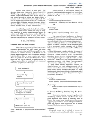 ISSN: 2278 – 1323
International Journal of Advanced Research in Computer Engineering & Technology (IJARCET)
Volume 2, Issue 6, June 2013
2017
www.ijarcet.org
Semantic web consists of three parts: RDF
(Resource Description Framework), Ontology, and OWL
(Web Ontology Language). In this, the keyword is taken as a
snippet. Snippets are useful for search because most of the
time a user can read the snippet and decide whether a
particular search is relevant without opening the “url” [14].
First the snippet is processed into the RDF. It is like the XML
Language, RDF divides the snippet as three parts Subject,
Predicate, Object, and then constructs the combination
between these that results are stored in the Database.
Second Ontology is applied to the Database, it helps
to find entity in the database and the same entity are group,
after this it finds the number of the relationship between the
entities; finally OWL cuts the minimal number of Semantic
Measure and display the result to user. These are the
searching process behind the Semantic Web Search Engine.
II. RELATED WORKS
A. Relation Based Page Rank Algorithm
Relation based page rank algorithm to be used in
conjunction with semantic web search engines that simply
relies on information that could be extracted from user
queries and on annotated resources [7]. Its help to give the
result in ordered manner that is, best fit user query document
is displayed first. Flow of query extraction and result is
shown in figure1. First the user post there query in search
engine, the web crawler download the document from the
web page database. Then the initial Result set is constructed
that contain query keyword and concept.
Figure 1: Flow chart for query extraction and presentation of
results
For that resultant set search engine construct the
query sub graph for each page then page score is calculated.
Based on the page score final result set is constructed and
given to the user. [11]
Advantage
i. Effectively manage the search space.
ii. Reduce the Complexity associated with the ranking
task.
Disadvantage
i. Less scalable.
B. Unsupervised Semantic Similarity between terms
Page count and context based metrics are discussed
in the Unsupervised semantic similarity computation. Page
count metrics consider the hits returned by a search engine
this can be done by following three sequential executions.
1) Jaccard and Dice Coefficient are used to find the similarity
between set of word. Example W1 and W2 are the two words
if the co occurrence is equal to one means; both the W1 and
W2 are same. Co occurrence zero means W1 and W2 did not
same.
2) Mutual Information is used to calculate the number of
document that contain the word W1 and W2 that number is
assigned to a random variable X, Y.[12] Then the mutual
dependence between these two words are calculated it can be
evaluated by following two case i) If X and Y independent
means both X and Y does not share any information so in this
case mutual information is 0. ii) If X and Y are equal means X
share some value and the mutual information is 1.
3) Google based semantic relatedness calculates the
similarity between two words and then compared with the
distance between these two words. If the similarity is high
means distance between these words will be low [5].Context
based semantic similarity algorithm download the top ranked
document based on user query and also compute the frequent
occurrence of these words.
Advantage
i. Provides good performance.
ii. Fully automatic and required little computation power.
Disadvantage
i. Related document selection feature selection does not
discuss.
C. Measure Word-Group Similarity Using Web Search
Result
Distribution similarity measure is performed in
Word-Group Similarity measure. [1] Measure the search
counts within the small number of word pair. Based on
Dataset, that contains some limited number of document.
Apply the page count based measure in the particular dataset,
results the similarity score always high, this is possible
because of the limited number of document.
Advantage
i. Proposed method can be utilized to measure the
similarity of entire sets of word in addition to word-pairs
Access Web Page
database
Construct the initial result
set
Sub Graph construction for
each page in the result set
Page score calculation
Output (Final Result set)
Input (User Query)
 