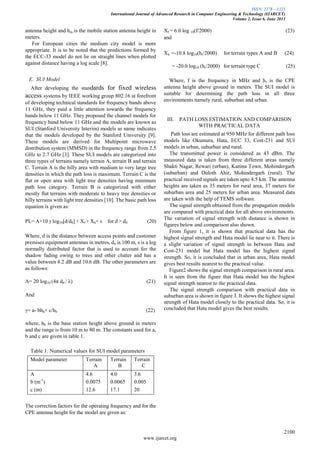 ISSN: 2278 – 1323
International Journal of Advanced Research in Computer Engineering & Technology (IJARCET)
Volume 2, Issue 6, June 2013
2100
www.ijarcet.org
antenna height and hm is the mobile station antenna height in
meters.
For European cities the medium city model is more
appropriate. It is to be noted that the predictions formed by
the ECC-33 model do not lie on straight lines when plotted
against distance having a log scale [8].
E. SUI Model
After developing the standards for fixed wireless
access systems by IEEE working group 802.16 at forefront
of developing technical standards for frequency bands above
11 GHz, they paid a little attention towards the frequency
bands below 11 GHz. They proposed the channel models for
frequency band below 11 GHz and the models are known as
SUI (Stanford University Interim) models as name indicates
that the models developed by the Stanford University [9].
These models are derived for Multipoint microwave
distribution system (MMSD) in the frequency range from 2.5
GHz to 2.7 GHz [3]. These SUI models are categorized into
three types of terrains namely terrain A, terrain B and terrain
C. Terrain A is the hilly area with medium to very large tree
densities in which the path loss is maximum. Terrain C is the
flat or open area with light tree densities having minimum
path loss category. Terrain B is categorized with either
mostly flat terrains with moderate to heavy tree densities or
hilly terrains with light tree densities [10]. The basic path loss
equation is given as:
PL= A+10 γ log10[d/d0] + Xf + Xh+ s for d > d0 (20)
Where, d is the distance between access points and customer
premises equipment antennas in metres, d0 is 100 m, s is a log
normally distributed factor that is used to account for the
shadow fading owing to trees and other clutter and has a
value between 8.2 dB and 10.6 dB. The other parameters are
as follows:
A= 20 log10 (4π d0 / λ) (21)
And
γ= a- bhb+ c/hb (22)
where, hb is the base station height above ground in meters
and the range is from 10 m to 80 m. The constants used for a,
b and c are given in table 1.
Table 1: Numerical values for SUI model parameters
Model parameter Terrain
A
Terrain
B
Terrain
C
A
b (m-1
)
c (m)
4.6
0.0075
12.6
4.0
0.0065
17.1
3.6
0.005
20
The correction factors for the operating frequency and for the
CPE antenna height for the model are given as:
Xf = 6.0 log 10(f/2000) (23)
and
Xh =-10.8 log10(hr/2000) for terrain types A and B (24)
= -20.0 log10 (hr/2000) for terrain type C (25)
Where, f is the frequency in MHz and hr is the CPE
antenna height above ground in meters. The SUI model is
suitable for determining the path loss in all three
environments namely rural, suburban and urban.
III. PATH LOSS ESTIMATION AND COMPARISON
WITH PRACTICAL DATA
Path loss are estimated at 950 MHz for different path loss
models like Okumura, Hata, ECC 33, Cost-231 and SUI
models in urban, suburban and rural.
The transmitted power is considered as 43 dBm. The
measured data is taken from three different areas namely
Shakti Nagar, Rewari (urban), Kanina Town, Mohindergarh
(suburban) and Duloth Ahir, Mohindergarh (rural). The
practical received signals are taken upto 4.5 km. The antenna
heights are taken as 35 meters for rural area, 37 meters for
suburban area and 25 meters for urban area. Measured data
are taken with the help of TEMS software.
The signal strength obtained from the propagation models
are compared with practical data for all above environments.
The variation of signal strength with distance is shown in
figures below and comparison also shown.
From figure 1, it is shown that practical data has the
highest signal strength and Hata model lie near to it. There is
a slight variation of signal strength in between Hata and
Cost-231 model but Hata model has the highest signal
strength. So, it is concluded that in urban area, Hata model
gives best results nearest to the practical value.
Figure2 shows the signal strength comparison in rural area.
It is seen from the figure that Hata model has the highest
signal strength nearest to the practical data.
The signal strength comparison with practical data in
suburban area is shown in figure 3. It shows the highest signal
strength of Hata model closely to the practical data. So, it is
concluded that Hata model gives the best results.
 