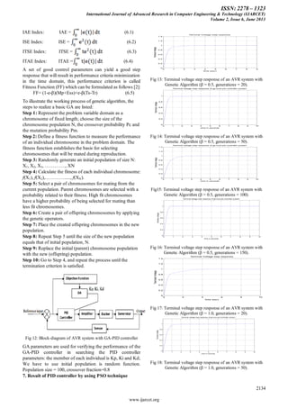 ISSN: 2278 – 1323
International Journal of Advanced Research in Computer Engineering & Technology (IJARCET)
Volume 2, Issue 6, June 2013
2134
www.ijarcet.org
IAE Index: IAE = (6.1)
ISE Index: ISE = (6.2)
ITSE Index: ITSE = (6.3)
ITAE Index: ITAE = (6.4)
A set of good control parameters can yield a good step
response that will result in performance criteria minimization
in the time domain, this performance criterion is called
Fitness Function (FF) which can be formulated as follows [2]:
FF= (1-e-β)(Mp+Ess)+e-β(Ts-Tr) (6.5)
To illustrate the working process of genetic algorithm, the
steps to realize a basic GA are listed:
Step 1: Represent the problem variable domain as a
chromosome of fixed length; choose the size of the
chromosome population N, the crossover probability Pc and
the mutation probability Pm.
Step 2: Define a fitness function to measure the performance
of an individual chromosome in the problem domain. The
fitness function establishes the basis for selecting
chromosomes that will be mated during reproduction.
Step 3: Randomly generate an initial population of size N:
X1, X2, X3, …………., XN
Step 4: Calculate the fitness of each individual chromosome:
f(X1), f(X2),…………....., f(XN).
Step 5: Select a pair of chromosomes for mating from the
current population. Parent chromosomes are selected with a
probability related to their fitness. High fit chromosomes
have a higher probability of being selected for mating than
less fit chromosomes.
Step 6: Create a pair of offspring chromosomes by applying
the genetic operators.
Step 7: Place the created offspring chromosomes in the new
population.
Step 8: Repeat Step 5 until the size of the new population
equals that of initial population, N.
Step 9: Replace the initial (parent) chromosome population
with the new (offspring) population.
Step 10: Go to Step 4, and repeat the process until the
termination criterion is satisfied.
Fig 12: Block-diagram of AVR system with GA-PID controller
GA parameters are used for verifying the performance of the
GA-PID controller in searching the PID controller
parameters: the member of each individual is Kp, Ki and Kd;
We have to use initial population is random function.
Population size = 100, crossover fraction=0.8
7. Result of PID controller by using PSO technique
0 1 2 3 4 5 6 7 8 9
0
0.2
0.4
0.6
0.8
1
1.2
1.4
Terminal Voltage step response
time (sec)
TerminalVoltage
Fig 13: Terminal voltage step response of an AVR system with
Genetic Algorithm (β = 0.5, generations = 20).
0 1 2 3 4 5 6 7 8 9 10
0
0.2
0.4
0.6
0.8
1
Terminal voltage step response of ga tune pid controller system
time in seconds
Terminalvoltage
Fig 14: Terminal voltage step response of an AVR system with
Genetic Algorithm (β = 0.5, generations = 50).
0 1 2 3 4 5 6 7 8 9 10
0
0.2
0.4
0.6
0.8
1
1.2
1.4
Terminal voltage step response of ga tune pid controller system
time in seconds
Terminalvoltage
Fig15: Terminal voltage step response of an AVR system with
Genetic Algorithm (β = 0.5, generations = 100).
0 1 2 3 4 5 6 7 8 9 10
0
0.2
0.4
0.6
0.8
1
Terminal voltage step response of ga tune pid controller system
time in seconds
Terminalvoltage
Fig 16: Terminal voltage step response of an AVR system with
Genetic Algorithm (β = 0.5, generations = 150).
0 2 4 6 8 10
0
0.2
0.4
0.6
0.8
1
1.2
1.4
Terminal Voltage step response
time (sec)
TerminalVoltage
Fig 17: Terminal voltage step response of an AVR system with
Genetic Algorithm (β = 1.0, generations = 20).
0 1 2 3 4 5 6 7 8 9 10
0
0.2
0.4
0.6
0.8
1
Terminal voltage step response of ga tune pid controller system
time in seconds
Terminalvoltage
Fig 18: Terminal voltage step response of an AVR system with
Genetic Algorithm (β = 1.0, generations = 50).
 