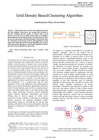 ISSN: 2278 – 1323
International Journal of Advanced Research in Computer Engineering & Technology (IJARCET)
Volume 2, Issue 6, June 2013
2143
www.ijarcet.org
Abstract— Clustering is the one of the most important task of
the data mining. Clustering is the unsupervised method to
find the relations between points of dataset into several
groups. It can be done by using various types of techniques
like partitioned, hierarchical, density, and grid. Each of these
has its own advantages and disadvantages. Grid density takes
the advantage of the density and the grid algorithms. In this
paper, the comparison of the k-mean algorithm can be done
with grid density algorithm. Grid density algorithm is better
than the k-mean algorithm in clustering.
Index Terms—Clustering, Data types, K-mean, Grid
density.
I. INTRODUCTION
Clustering is the one of the most important task of the data
mining. Clustering is the unsupervised method to find the
relations between points of dataset into several groups.
Unsupervised method means the user known the input data
but not known the output data but the way the user has to
use for obtaining results is known. Cluster analysis can be
done by Finding similarities between data according to the
characteristics found in the data and grouping similar data
objects into clusters. It is the unsupervised process that is
why no predefined class is present. It has the major two
applications: It is used as a stand-alone tool to get insight into
data distribution; it is a preprocessing step for other
algorithms. It has a rich applications and multidisciplinary
efforts such as Pattern Recognition, Spatial Data Analysis in
which it Create thematic maps in GIS by clustering feature
spaces and detect spatial clusters or for other spatial mining
tasks, Image Processing, Economic Science (especially
market research), Document classification and Cluster
Weblog data to discover groups of similar access
patterns.[3]. Various examples of clustering are marketing,
landuse, insurance, city planning, earthquake studies,
transportation system etc. Generally the user has the large
dataset say DataSet(X) when it is pass through the clustering
algorithm it partitioned the DataSet(X) into P number of
clusters.
As in the figure1, the dataset is passed through the clustering
algorithm, then the dataset can be taken as output in the form
of clusters, clusters are of arbitrary shaped clusters.
Amandeep Kaur Mann, M.Tech Computer Science & Technology,
Pinjab Technical University/ RIMT/ RIMT Institutes of Technology,
Patiala, India.
Navneet Kaur, Assistant Professor Computer Science & Technology,
Pinjab Technical University/ RIMT/ RIMT Institutes of Technology,
Patiala, India.
Figure1: Clustering Process
The quality of a clustering result depends on equally the
similarity calculation used by the method and its
implementation. The quality of a clustering technique is also
calculated by its ability to discover some or all of the
unknown patterns. Dissimilarity/Similarity metric is also
used for this purpose. Similarity is spoken in conditions of a
distance function, usually metric: d(i, j). There is a separate
“quality” function that calculates the “goodness” of a cluster.
The definitions of distance functions are generally very
different for interval-scaled, Boolean, categorical, ordinal
ratio, and vector variables. Weights should be associated
with dissimilar variables based on applications and data
semantics. It is tough to define “similar enough” or “good
enough”, the answer is typically highly subjective. Some of
the requirements of clustering in data mining are scalability,
capability to deal with dissimilar types of attributes,
capability to hold dynamic data, detection of clusters with
arbitrary shape, negligible requirements for domain
knowledge to determine input parameters, capable to deal
with noise and outliers, tactless to order of input records,
High dimensionality, merging of user-specified constraints,
interpretability and usability. A good clustering algorithm
produce high superiority clusters with low intra-cluster
variance and high inter-cluster variance. In other words high
similarity between intra-class and low similarity between
inter-class clusters.
Figure2: Intra-class and Inter-class variance
Different types of data that is used for cluster analysis are [3]:
Grid Density Based Clustering Algorithm
Amandeep Kaur Mann, Navneet Kaur
 