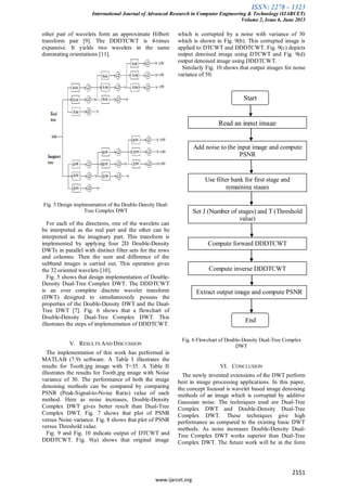 ISSN: 2278 – 1323
International Journal of Advanced Research in Computer Engineering & Technology (IJARCET)
Volume 2, Issue 6, June 2013
2151
www.ijarcet.org
other pair of wavelets form an approximate Hilbert
transform pair [9]. The DDDTCWT is 4-times
expansive. It yields two wavelets in the same
dominating orientations [11].
Fig. 5 Design implementation of the Double-Density Dual-
Tree Complex DWT
For each of the directions, one of the wavelets can
be interpreted as the real part and the other can be
interpreted as the imaginary part. This transform is
implemented by applying four 2D Double-Density
DWTs in parallel with distinct filter sets for the rows
and columns. Then the sum and difference of the
subband images is carried out. This operation gives
the 32 oriented wavelets [10].
Fig. 5 shows that design implementation of Double-
Density Dual-Tree Complex DWT. The DDDTCWT
is an over complete discrete wavelet transform
(DWT) designed to simultaneously possess the
properties of the Double-Density DWT and the Dual-
Tree DWT [7]. Fig. 6 shows that a flowchart of
Double-Density Dual-Tree Complex DWT. This
illustrates the steps of implementation of DDDTCWT.
V. RESULTS AND DISCUSSION
The implementation of this work has performed in
MATLAB (7.9) software. A Table I illustrates the
results for Tooth.jpg image with T=35. A Table II
illustrates the results for Tooth.jpg image with Noise
variance of 30. The performance of both the image
denoising methods can be compared by comparing
PSNR (Peak-Signal-to-Noise Ratio) value of each
method. Here as noise increases, Double-Density
Complex DWT gives better result than Dual-Tree
Complex DWT. Fig. 7 shows that plot of PSNR
versus Noise variance. Fig. 8 shows that plot of PSNR
versus Threshold value.
Fig. 9 and Fig. 10 indicate output of DTCWT and
DDDTCWT. Fig. 9(a) shows that original image
which is corrupted by a noise with variance of 30
which is shown in Fig. 9(b). This corrupted image is
applied to DTCWT and DDDTCWT. Fig. 9(c) depicts
output denoised image using DTCWT and Fig. 9(d)
output denoised image using DDDTCWT.
Similarly Fig. 10 shows that output images for noise
variance of 50.
Fig. 6 Flowchart of Double-Density Dual-Tree Complex
DWT
VI. CONCLUSION
The newly invented extensions of the DWT perform
best in image processing applications. In this paper,
the concept focused is wavelet based image denoising
methods of an image which is corrupted by additive
Gaussian noise. The techniques used are Dual-Tree
Complex DWT and Double-Density Dual-Tree
Complex DWT. These techniques give high
performance as compared to the existing basic DWT
methods. As noise increases Double-Density Dual-
Tree Complex DWT works superior than Dual-Tree
Complex DWT. The future work will be in the form
Read an input image
Add noise to the input image and compute
PSNR
Use filter bank for first stage and
remaining stages
Set J (Number of stages) and T (Threshold
value)
Compute forward DDDTCWT
Compute inverse DDDTCWT
Extract output image and compute PSNR
End
Start
 