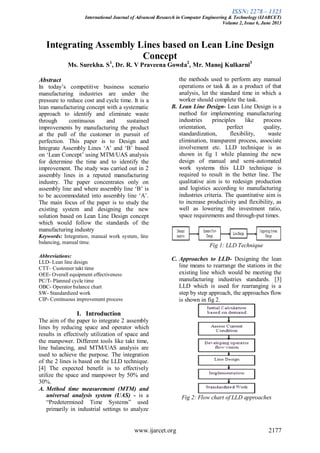 ISSN: 2278 – 1323
International Journal of Advanced Research in Computer Engineering & Technology (IJARCET)
Volume 2, Issue 6, June 2013
www.ijarcet.org 2177
Integrating Assembly Lines based on Lean Line Design
Concept
Ms. Surekha. S1
, Dr. R. V Praveena Gowda2
, Mr. Manoj Kulkarni3
Abstract
In today‟s competitive business scenario
manufacturing industries are under the
pressure to reduce cost and cycle time. It is a
lean manufacturing concept with a systematic
approach to identify and eliminate waste
through continuous and sustained
improvements by manufacturing the product
at the pull of the customer in pursuit of
perfection. This paper is to Design and
Integrate Assembly Lines „A‟ and „B‟ based
on „Lean Concept‟ using MTM/UAS analysis
for determine the time and to identify the
improvement. The study was carried out in 2
assembly lines in a reputed manufacturing
industry. The paper concentrates only on
assembly line and where assembly line „B‟ is
to be accommodated into assembly line „A‟.
The main focus of the paper is to study the
existing system and designing the new
solution based on Lean Line Design concept
which would follow the standards of the
manufacturing industry
Keywords: Integration, manual work system, line
balancing, manual time.
Abbreviations:
LLD- Lean line design
CTT– Customer takt time
OEE- Overall equipment effectiveness
PC/T- Planned cycle time
OBC- Operator balance chart
SW- Standardized work
CIP- Continuous improvement process
I. Introduction
The aim of the paper to integrate 2 assembly
lines by reducing space and operator which
results in effectively utilization of space and
the manpower. Different tools like takt time,
line balancing, and MTM/UAS analysis are
used to achieve the purpose. The integration
of the 2 lines is based on the LLD technique.
[4] The expected benefit is to effectively
utilize the space and manpower by 50% and
30%.
A. Method time measurement (MTM) and
universal analysis system (UAS) - is a
“Predetermined Time Systems” used
primarily in industrial settings to analyze
the methods used to perform any manual
operations or task & as a product of that
analysis, let the standard time in which a
worker should complete the task.
B. Lean Line Design- Lean Line Design is a
method for implementing manufacturing
industries principles like process
orientation, perfect quality,
standardization, flexibility, waste
elimination, transparent process, associate
involvement etc. LLD technique is as
shown in fig 1 while planning the new
design of manual and semi-automated
work systems this LLD technique is
required to result in the better line. The
qualitative aim is to redesign production
and logistics according to manufacturing
industries criteria. The quantitative aim is
to increase productivity and flexibility, as
well as lowering the investment ratio,
space requirements and through-put times.
Fig 1: LLD Technique
C. Approaches to LLD- Designing the lean
line means to rearrange the stations in the
existing line which would be meeting the
manufacturing industries standards. [3]
LLD which is used for rearranging is a
step by step approach, the approaches flow
is shown in fig 2.
Fig 2: Flow chart of LLD approaches
 
