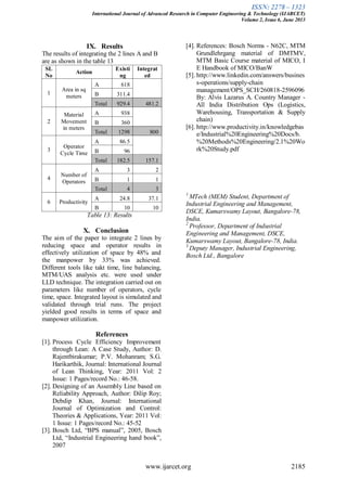 ISSN: 2278 – 1323
International Journal of Advanced Research in Computer Engineering & Technology (IJARCET)
Volume 2, Issue 6, June 2013
www.ijarcet.org 2185
IX. Results
The results of integrating the 2 lines A and B
are as shown in the table 13
SL
No
Action
Existi
ng
Integrat
ed
1
Area in sq
meters
A 618
B 311.4
Total 929.4 481.2
2
Material
Movement
in meters
A 938
B 360
Total 1298 800
3
Operator
Cycle Time
A 86.5
B 96
Total 182.5 157.1
4
Number of
Operators
A 3 2
B 1 1
Total 4 3
6 Productivity
A 24.8 37.1
B 10 10
Table 13: Results
X. Conclusion
The aim of the paper to integrate 2 lines by
reducing space and operator results in
effectively utilization of space by 48% and
the manpower by 33% was achieved.
Different tools like takt time, line balancing,
MTM/UAS analysis etc. were used under
LLD technique. The integration carried out on
parameters like number of operators, cycle
time, space. Integrated layout is simulated and
validated through trial runs. The project
yielded good results in terms of space and
manpower utilization.
References
[1]. Process Cycle Efficiency Improvement
through Lean: A Case Study, Author: D.
Rajentbirakumar; P.V. Mohanram; S.G.
Harikarthik, Journal: International Journal
of Lean Thinking, Year: 2011 Vol: 2
Issue: 1 Pages/record No.: 46-58.
[2]. Designing of an Assembly Line based on
Reliability Approach, Author: Dilip Roy;
Debdip Khan, Journal: International
Journal of Optimization and Control:
Theories & Applications, Year: 2011 Vol:
1 Issue: 1 Pages/record No.: 45-52
[3]. Bosch Ltd, “BPS manual”, 2005, Bosch
Ltd, “Industrial Engineering hand book”,
2007
[4]. References: Bosch Norms - N62C, MTM
Grundlehrgang material of DMTMV,
MTM Basic Course material of MICO, I
E Handbook of MICO/BanW
[5]. http://www.linkedin.com/answers/busines
s-operations/supply-chain
management/OPS_SCH/260818-2596096
By: Alvis Lazarus A. Country Manager -
All India Distribution Ops (Logistics,
Warehousing, Transportation & Supply
chain)
[6]. http://www.productivity.in/knowledgebas
e/Industrial%20Engineering%20Docs/b.
%20Methods%20Engineering/2.1%20Wo
rk%20Study.pdf
1
MTech (MEM) Student, Department of
Industrial Engineering and Management,
DSCE, Kumarswamy Layout, Bangalore-78,
India.
2
Professor, Department of Industrial
Engineering and Management, DSCE,
Kumarswamy Layout, Bangalore-78, India.
3
Deputy Manager, Industrial Engineering,
Bosch Ltd., Bangalore
 