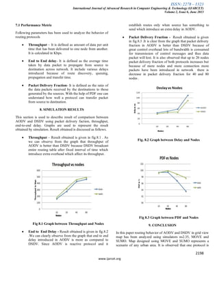 ISSN: 2278 – 1323
International Journal of Advanced Research in Computer Engineering & Technology (IJARCET)
Volume 2, Issue 6, June 2013
2198
www.ijarcet.org
7.1 Performance Metric
Following parameters has been used to analyze the behavior of
routing protocols
Throughput – It is defined as amount of data per unit
time that has been delivered to one node from another.
It is calculated in Kbps.
End to End delay- It is defined as the average time
taken by data packet to propagate from source to
destination across network. It include various delays
introduced because of route discovery, queuing,
propagation and transfer time.
Packet Delivery Fraction- It is defined as the ratio of
the data packets received by the destinations to those
generated by the sources. With the help of PDF one can
understand how well a protocol can transfer packet
from source to destination.
8. SIMULATION RESULTS
This section is used to describe result of comparison between
AODV and DSDV using packet delivery faction, throughput,
end-to-end delay. Graphs are used to represent the result
obtained by simulation. Result obtained is discussed as follows.
Throughput – Result obtained is given in fig.8.1 . As
we can observe from the graph that throughput of
AODV is better than DSDV because DSDV broadcast
entire routing table after fixed interval of time which
introduce extra overhead which affect its throughput.
Fig 8.1 Graph between Throughput and Nodes
End to End Delay - Result obtained is given in fig.8.2
.We can clearly observe from the graph that end to end
delay introduced in AODV is more as compared to
DSDV. Since AODV is reactive protocol and it
establish routes only when source has something to
send which introduce an extra delay in AODV.
Packet Delivery Fraction - Result obtained is given
in fig.8.3 .It is clear from the graph that packet delivery
fraction in AODV is better than DSDV because of
great control overhead lots of bandwidth is consumed
for transmission of control messages and thus data
packet will lost. It is also observed that up to 20 nodes
packet delivery fraction of both protocols increases but
because of more nodes and more connection more
packets have been introduced in network there is
decrease in packet delivery fraction for 40 and 80
nodes .
Fig. 8.2 Graph between Delay and Nodes
Fig 8.3 Graph between PDF and Nodes
9. CONCLUSION
In this paper routing behavior of AODV and DSDV in grid view
map has been analyzed using simulators ns2.35, MOVE and
SUMO. Map designed using MOVE and SUMO represents a
scenario of any urban area. It is observed that one protocol is
 