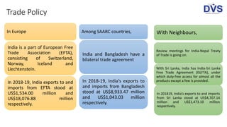 Trade Policy
In Europe
India is a part of European Free
Trade Association (EFTA),
consisting of Switzerland,
Norway, Iceland and
Liechtenstein.
In 2018-19, India exports to and
imports from EFTA stood at
US$1,534.00 million and
US$18,076.88 million
respectively.
Among SAARC countries,
India and Bangladesh have a
bilateral trade agreement
In 2018-19, India’s exports to
and imports from Bangladesh
stood at US$8,933.47 million
and US$1,043.03 million
respectively.
With Neighbours,
Review meetings for India-Nepal Treaty
of Trade is going on.
With Sri Lanka, India has India-Sri Lanka
Free Trade Agreement (ISLFTA), under
which duty-free access for almost all the
products except a few is provided.
In 201819, India’s exports to and imports
from Sri Lanka stood at US$4,707.14
million and US$1,473.10 million
respectively.
 