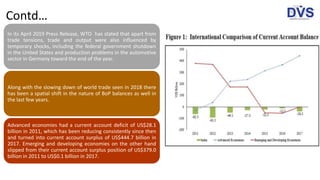 In its April 2019 Press Release, WTO has stated that apart from
trade tensions, trade and output were also influenced by
temporary shocks, including the federal government shutdown
in the United States and production problems in the automotive
sector in Germany toward the end of the year.
Along with the slowing down of world trade seen in 2018 there
has been a spatial shift in the nature of BoP balances as well in
the last few years.
Advanced economies had a current account deficit of US$28.1
billion in 2011, which has been reducing consistently since then
and turned into current account surplus of US$444.7 billion in
2017. Emerging and developing economies on the other hand
slipped from their current account surplus position of US$379.0
billion in 2011 to US$0.1 billion in 2017.
Contd…
 