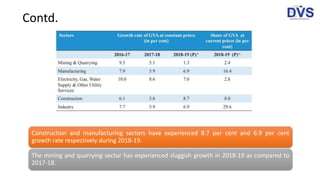Construction and manufacturing sectors have experienced 8.7 per cent and 6.9 per cent
growth rate respectively during 2018-19.
The mining and quarrying sector has experienced sluggish growth in 2018-19 as compared to
2017-18.
Contd.
 