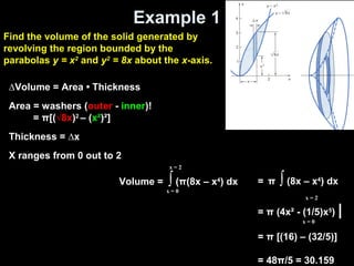 Example 1
∆Volume = Area • Thickness
Area = washers (outer - inner)!
= π[(√8x)2
– (x²)²]
Thickness = ∆x
X ranges from 0 out to 2
Volume = ∫ (π(8x – x4
) dx
x = 0
x = 2
= π ∫ (8x – x4
) dx
= π (4x² - (1/5)x5
) |
= π [(16) – (32/5)]
= 48π/5 = 30.159
x = 0
x = 2
Find the volume of the solid generated by
revolving the region bounded by the
parabolas y = x2
and y2
= 8x about the x-axis.
 