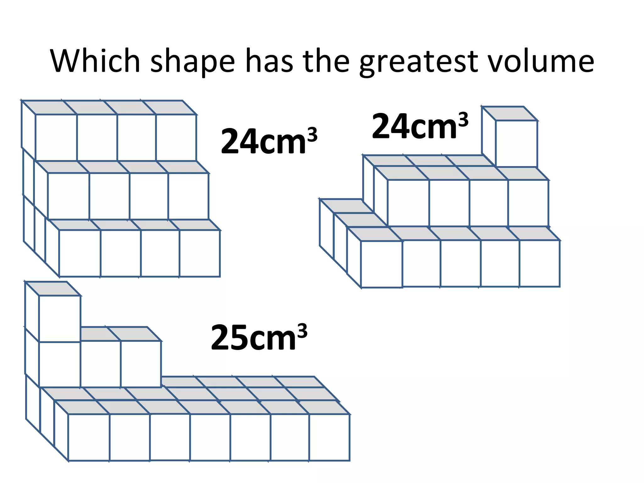 Which shape has the greatest volume 24cm 3 24cm 3 25cm 3