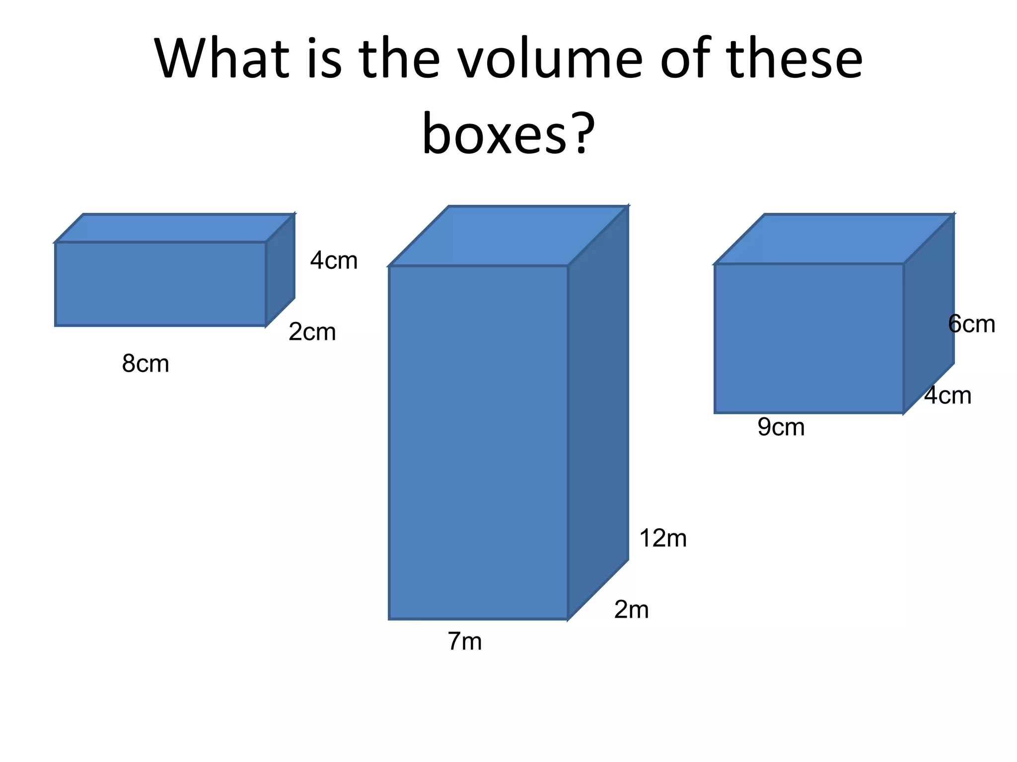 What is the volume of these boxes? 8cm 4cm 2cm 7m 12m 2m 9cm 6cm 4cm