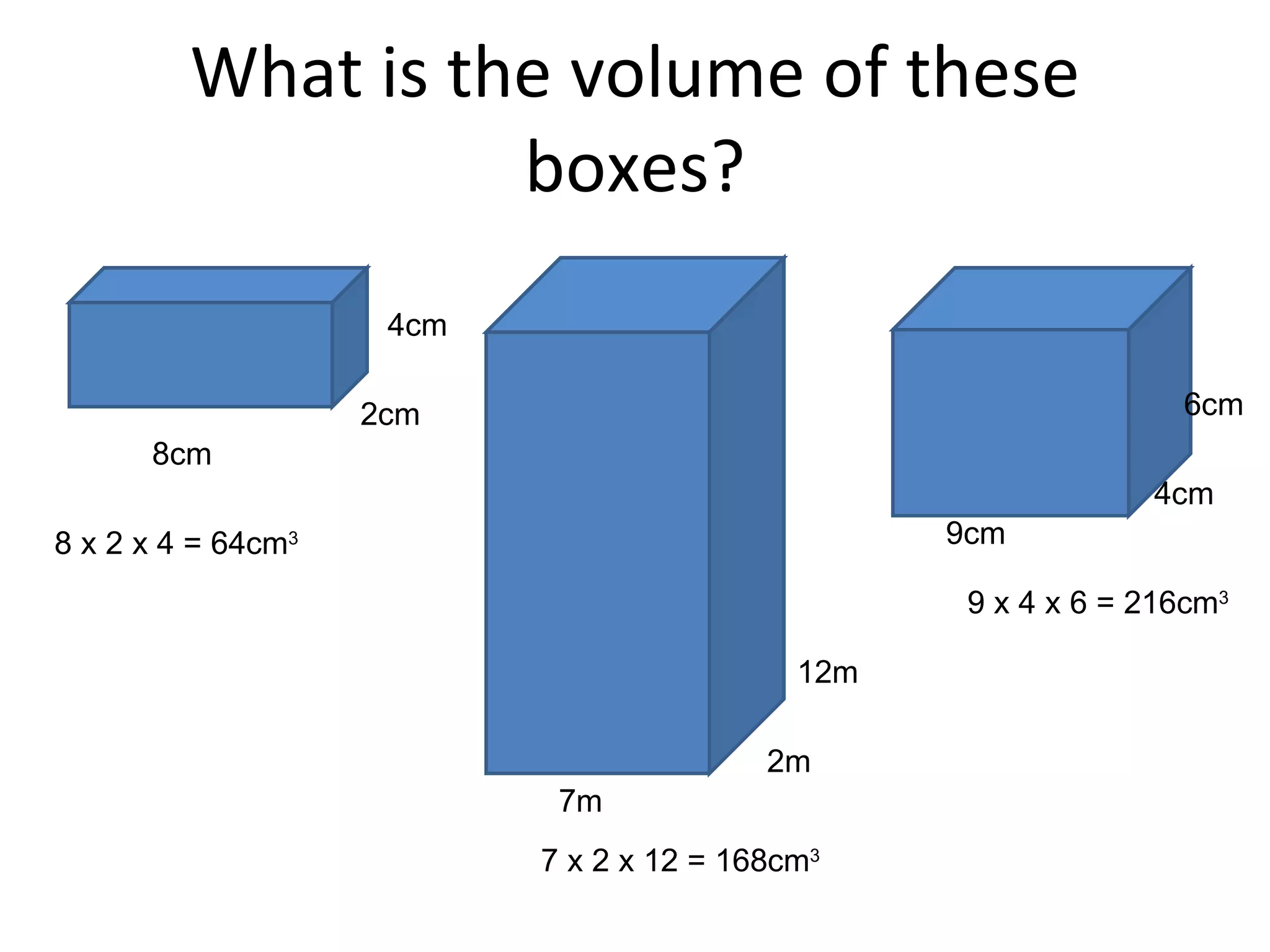 What is the volume of these boxes? 8cm 4cm 2cm 7m 12m 2m 9cm 6cm 4cm 8 x 2 x 4 = 64cm 3 7 x 2 x 12 = 168cm 3 9 x 4 x 6 = 216cm 3