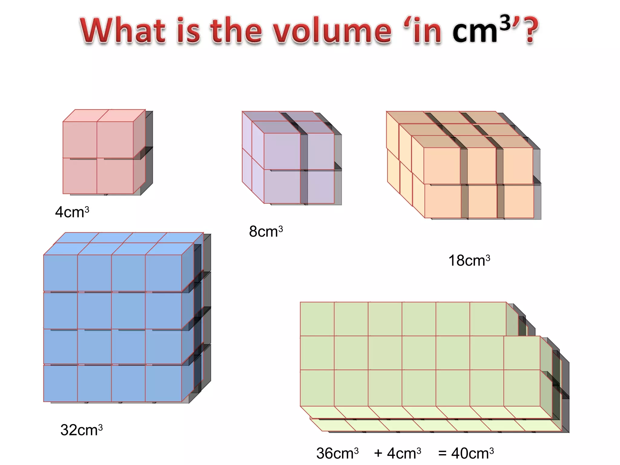 18cm 3 8cm 3 4cm 3 32cm 3 36cm 3 + 4cm 3 = 40cm 3