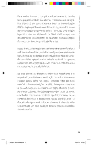 51
SÉRIE
CIDADANIA
E
POLÍTICA
|
2
|
POLÍTICA
NO
BRASIL
Para melhor ilustrar o complicado funcionamento do sis-
tema proporcional de lista aberto, replicamos um infográ-
fico (Figura 1) em que a Empresa Brasil de Comunicação
(EBC) – órgão público de coordenação e gestão dos meios
de comunicação do governo federal – simulou uma eleição
hipotética com um eleitorado de 300 indivíduos que tem
de optar entre 12 candidatos de 2 partidos e uma coligação
(formada por 2 outros partidos) diferentes.
Dessa forma, a ilustração busca demonstrar como funciona
a alocação de cadeiras, ressaltando alguns pontos de ques-
tionamento do eleitorado brasileiro, como o fato de candi-
datos mais bem posicionados isoladamente não ocuparem
as cadeiras nos órgãos legislativos em detrimento de outros
cuja votação absoluta foi inferior.
No que pesem as diferenças entre esse mecanismo e o
majoritário, a votação e a totalização dos votos – tanto nas
eleições gerais, como nas locais – têm sido feitas por meio
eletrônico desde as eleições de 1996. Para que esta estrutu-
ra possa funcionar, é necessário um órgão eficiente e inde-
pendente, cujo trabalho seja respeitado por todos os atores
envolvidos e busque o constante aperfeiçoamento. Nesse
contexto, sobressai a atuação da Justiça Eleitoral, que – a
despeito de algumas vicissitudes e inconstâncias – tem de-
sempenhado um bom trabalho desde a redemocratização
até nossos dias.
2_Politica_no_Brasil.indd 51 03/03/15 17:37
 