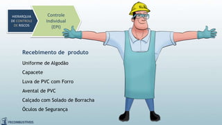 Recebimento de produto
HIERARQUIA
DE CONTROLE
DE RISCOS
Controle
Individual
(EPI)
Uniforme de Algodão
Capacete
Luva de PVC com Forro
Avental de PVC
Calçado com Solado de Borracha
Óculos de Segurança
 