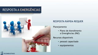RESPOSTA A EMERGÊNCIAS
RESPOSTA RÁPIDA REQUER
Planejamento
• Plano de Atendimento
a Emergências (PAE)
Recursos disponíveis
• pessoal capacitado
• equipamentos
 