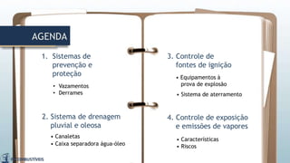 AGENDA
1. Sistemas de
prevenção e
proteção
• Vazamentos
• Derrames
4. Controle de exposição
e emissões de vapores
• Características
• Riscos
2. Sistema de drenagem
pluvial e oleosa
• Canaletas
• Caixa separadora água-óleo
3. Controle de
fontes de ignição
• Equipamentos à
prova de explosão
• Sistema de aterramento
 