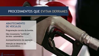 ABASTECIMENTO
DE VEÍCULOS
Programação correta da bomba.
Não travamento “artificial”
do bico automático.
Acompanhamento da operação.
Atenção ao desarme do
bico automático.
PROCEDIMENTOS QUE EVITAM DERRAMES
 