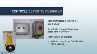 EQUIPAMENTO À PROVA DE
EXPLOSÃO
A explosão em seu interior não
passa para o ambiente.
Resfria gases da explosão
• indicado para Áreas Classificadas
• não é vedado
CONTROLE DE FONTES DE IGNIÇÃO
 