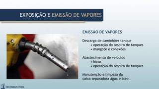 EMISSÃO DE VAPORES
Descarga de caminhões tanque
• operação do respiro de tanques
• mangote e conexões
Abastecimento de veículos
• bicos
• operação do respiro de tanques
Manutenção e limpeza da
caixa separadora água e óleo.
EXPOSIÇÃO E EMISSÃO DE VAPORES
 
