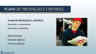 PLANO DE PREVENÇÃO E CONTROLE
Derrames e vazamentos
Incêndios e explosões
IDENTIFICAÇÃO
Emissões fugitivas
Fontes de ignição
PLANO DE PREVENÇÃO E CONTROLE
 