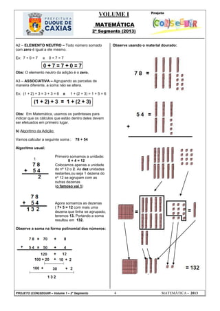 VOLUME I
MATEMÁTICA
2º Segmento (2013)
PROJETO (CON)SEGUIR – Volume 1 – 2º Segmento 4 MATEMÁTICA - 2013
A2 – ELEMENTO NEUTRO – Todo número somado
com zero é igual a ele mesmo.
Ex: 7 + 0 = 7 e 0 + 7 = 7
Obs: O elemento neutro da adição é o zero.
A3 – ASSOCIATIVA – Agrupando as parcelas de
maneira diferente, a soma não se altera.
Ex: (1 + 2) + 3 = 3 + 3 = 6 e 1 + (2 + 3) = 1 + 5 = 6
Obs: Em Matemática, usamos os parênteses para
indicar que os cálculos que estão dentro deles devem
ser efetuados em primeiro lugar.
b) Algoritmo da Adição:
Vamos calcular a seguinte soma : 78 + 54
Algoritmo usual:
Primeiro somamos a unidade:
8 + 4 = 12
Colocamos apenas a unidade
do nº 12 o 2. As dez unidades
restantes,ou seja 1 dezena do
nº 12 se agrupam com as
outras dezenas
(o famoso vai 1)
Agora somamos as dezenas
( 7+ 5 = 12 com mais uma
dezena que tinha se agrupado,
teremos 13. Portando a soma
resultou em 132.
Observe a soma na forma polinomial dos números:
Observe usando o material dourado:
 