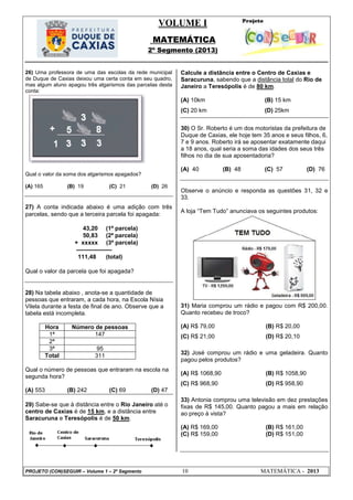 VOLUME I
MATEMÁTICA
2º Segmento (2013)
PROJETO (CON)SEGUIR – Volume 1 – 2º Segmento 10 MATEMÁTICA - 2013
26) Uma professora de uma das escolas da rede municipal
de Duque de Caxias deixou uma certa conta em seu quadro,
mas algum aluno apagou três algarismos das parcelas desta
conta:
Qual o valor da soma dos algarismos apagados?
(A) 165 (B) 19 (C) 21 (D) 26
27) A conta indicada abaixo é uma adição com três
parcelas, sendo que a terceira parcela foi apagada:
43,20 (1ª parcela)
50,83 (2ª parcela)
+ xxxxx (3ª parcela)
——————
111,48 (total)
Qual o valor da parcela que foi apagada?
28) Na tabela abaixo , anota-se a quantidade de
pessoas que entraram, a cada hora, na Escola Nísia
Vilela durante a festa de final de ano. Observe que a
tabela está incompleta.
Hora Número de pessoas
1ª 147
2ª
3ª 95
Total 311
Qual o número de pessoas que entraram na escola na
segunda hora?
(A) 553 (B) 242 (C) 69 (D) 47
29) Sabe-se que à distância entre o Rio Janeiro até o
centro de Caxias é de 15 km, e a distância entre
Saracuruna e Teresópolis é de 50 km.
Calcule a distância entre o Centro de Caxias e
Saracuruna, sabendo que a distância total do Rio de
Janeiro a Teresópolis é de 80 km.
(A) 10km (B) 15 km
(C) 20 km (D) 25km
30) O Sr. Roberto é um dos motoristas da prefeitura de
Duque de Caxias, ele hoje tem 35 anos e seus filhos, 6,
7 e 9 anos. Roberto irá se aposentar exatamente daqui
a 18 anos, qual seria a soma das idades dos seus três
filhos no dia de sua aposentadoria?
(A) 40 (B) 48 (C) 57 (D) 76
Observe o anúncio e responda as questões 31, 32 e
33.
A loja ―Tem Tudo‖ anunciava os seguintes produtos:
31) Maria comprou um rádio e pagou com R$ 200,00.
Quanto recebeu de troco?
(A) R$ 79,00 (B) R$ 20,00
(C) R$ 21,00 (D) R$ 20,10
32) José comprou um rádio e uma geladeira. Quanto
pagou pelos produtos?
(A) R$ 1068,90 (B) R$ 1058,90
(C) R$ 968,90 (D) R$ 958,90
33) Antonia comprou uma televisão em dez prestações
fixas de R$ 145,00. Quanto pagou a mais em relação
ao preço à vista?
(A) R$ 169,00 (B) R$ 161,00
(C) R$ 159,00 (D) R$ 151,00
 