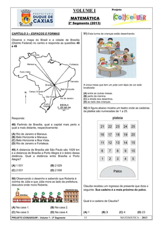 VOLUME I
MATEMÁTICA
2º Segmento (2013)
PROJETO (CON)SEGUIR – Volume 1 – 2º Segmento 15 MATEMÁTICA - 2013
CAPÍTULO 3 – ESPAÇOS E FORMAS
Observe o mapa do Brasil e a cidade de Brasília
(Distrito Federal) no centro e responda as questões 48
e 49
Responda:
48) Partindo de Brasília, qual a capital mais perto e
qual a mais distante, respectivamente:
(A) Rio de Janeiro e Manaus.
(B) Belo Horizonte e Manaus.
(C) Belo Horizonte e Boa Vista.
(D) Rio de Janeiro e Fortaleza.
49) A distancia de Brasília até São Paulo são 1029 km
e a distancia de Brasília a Porto Alegre é o dobro dessa
distância. Qual a distância entre Brasília e Porto
Alegre?
(A) 1 031 (B) 2 029
(C) 2 031 (D) 2 058
50) Observando o desenho e sabendo que Roberta é
vizinha de Júlia e que Júlia mora ao lado da prefeitura,
descubra onde mora Roberta.
(A) Na casa 1. (B) Na casa 2.
(C) Na casa 3. (D) Na casa 4.
51) Esta turma de crianças estão desenhando.
A única mesa que tem um pote com lápis de cor está
localizada:
(A) entre as outras mesas.
(B) perto da menina.
(C) a direita dos desenhos.
(D) ao lado das crianças.
52) A figura abaixo mostra um teatro onde as cadeiras
da platéia são numeradas de 1 a 25.
Claudia recebeu um ingresso de presente que dizia o
seguinte: Sua cadeira é a mais próxima do palco.
Qual é a cadeira de Claudia?
(A) 1 (B) 3 (C) 4 (D) 23
 
