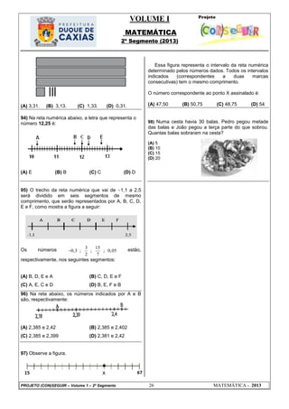 VOLUME I
MATEMÁTICA
2º Segmento (2013)
PROJETO (CON)SEGUIR – Volume 1 – 2º Segmento 26 MATEMÁTICA - 2013
(A) 3,31. (B) 3,13. (C) 1,33. (D) 0,31.
94) Na reta numérica abaixo, a letra que representa o
número 12,25 é:
(A) E (B) B (C) C (D) D
95) O trecho da reta numérica que vai de 1,1 a 2,5
será dividido em seis segmentos de mesmo
comprimento, que serão representados por A, B, C, D,
E e F, como mostra a figura a seguir:
Os números 3 15
0,3 ; ; ; 0,05
2 7
      estão,
respectivamente, nos seguintes segmentos:
(A) B, D, E e A (B) C, D, E e F
(C) A, E, C e D (D) B, E, F e B
96) Na reta abaixo, os números indicados por A e B
são, respectivamente:
(A) 2,385 e 2,42 (B) 2,385 e 2,402
(C) 2,385 e 2,399 (D) 2,381 e 2,42
97) Observe a figura.
Essa figura representa o intervalo da reta numérica
determinado pelos números dados. Todos os intervalos
indicados (correspondentes a duas marcas
consecutivas) tem o mesmo comprimento.
O número correspondente ao ponto X assinalado é:
(A) 47,50 (B) 50,75 (C) 48,75 (D) 54
98) Numa cesta havia 30 balas. Pedro pegou metade
das balas e João pegou a terça parte do que sobrou.
Quantas balas sobraram na cesta?
(A) 5
(B) 10
(C) 15
(D) 20
 