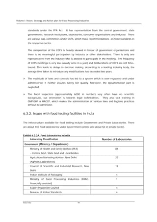 Volume I: Vision, Strategy and Action plan for Food Processing Industries



           standards under the PFA Act.          It has representation from the central government, state
           governments, research institutions, laboratories, consumer organisations and industry. There
           are various sub-committees under CCFS, which make recommendations on food standards in
           the respective sector.


           The composition of the CCFS is heavily skewed in favour of government organizations and
           there is no meaningful participation by Industry or other stakeholders. There is only one
           representative from the industry who is allowed to participate in the meeting. The frequency
           of CCFS meetings is very low (usually once in a year) and deliberations of CCFS are not time-
           bound. This leads to delays in decision making. According to a leading industry body, the
           average time taken to introduce any modifications has exceeded two years.


      Ø    The multitude of laws and controls has led to a system which is over-regulated and under
           administered. It neither assures safety nor quality. Moreover, the documentation part is
           neglected.


      Ø    The Food Inspectors (approximately 6000 in number) very often have no scientific
           background, but orientation is towards legal technicalities.       They also lack training in
           GMP,GHP & HACCP, which makes the administration of various laws and hygiene practices
           difficult to administer.


      6.3.2. Issues with food testing facilities in India

      The infrastructure available for food testing include Government and Private Laboratories. There
      are about 140 food laboratories under Government control and about 50 in private sector.


      Exhibit 6.3.2A Food Laboratories in India
              Laboratory Classification                                       Number of Laboratories
        Government (Ministry / Department)
              Ministry of Health and family Welfare (PFA)                                84
              - Central Govt, State Govt and Local bodies
              Agriculture Marketing Advisor, New Delhi                                   23
              (Agmark Laboratories)
              Council of Scientific and Industrial Research, New                         12
              Delhi
              Indian Institute of Packaging                                               4
              Ministry of Food Processing Industries (FRAC,                               1
              financially assisted)
              Export Inspection Council                                                   4
              Beaurau of Indian Standards                                                 4



      Rabo India                                             99
 