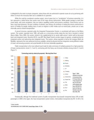 151
Urban mobility as an inducer of comprehensive urban projects (CUP): the case of Medellin.
is delegated by the state to private companies, where those who are authorized to operate routes do so by partnering with
others to ensure the necessary fleet size is available for its operation.
While this could be considered a positive aspect, since it gives rise to a “socialization” of business ownership, it in
fact represents a radical factor that causes most of the major service dysfunctions. While people manage to meet their
travel needs, with some exceptions, trips are made in appalling comfort and economy conditions. Some factors such as
fares, long travel distances, the poor condition of vehicles, poor driving, all contribute to making the service unattractive in
terms of mobility for people, leading many of users to migrate to other modes such as motorcycles, private cars or taxis
informally used as shared transportation.
A second structure, operated under the Integrated Transportation System, is constituted with basis on the Metro
system. This system, operated since 1995, still works as a structuring corridor along the river that is located in central
Aburra Valley. Since 2004, this system started to be supplemented by an aerial cable service3
(which will be discussed
later) and integrated routes. Recently (2012), new BRT (Bus Rapid Transit) corridors begun to operate, complementing the
integrated system and welcoming new integrated routes. This system, whose operation is led by the company Metro de
Medellin, represents the most advanced structure available, aiming for physical and fare integration among different modes
of travel, and ensuring economic and social benefits for the most vulnerable populations.
Public transportation is the most utilized travel mode for daily commutes of multiple purposes for a high proportion
of lower socioeconomic strata (1, 2 and 3), contrasting with the heavy use of private vehicles among strata 4, 5 and 6
(Figure 7).
Figure 7. Modal
distribution by social strata
in the morning rush hour.
PV: Particular Vehicle. Bus
I: Buses integrated to the
metro, the aerial cable
and the metroplus system.
Source: BIO 2030 (2011)
based on the Origin and
Destination survey of the
Aburra Valley, 2005.
Paradoxically, although the traditional system of public transportation (bus-based) transported about 34% of daily
passengers in 2005 in the region, the mass transportation system (metro, metrocables) transported only 6%4
. In 2012, the
3
In Spanish: metrocable.
4
ÁREA METROPOLITANA DEL VALLE DE ABURRÁ (AMVA).Encuesta Origen y Destino - EOD, 2005.
 