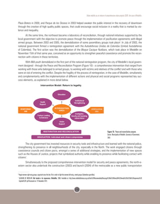 155
Urban mobility as an inducer of comprehensive urban projects (CUP): the case of Medellin.
Plaza Botero in 2000, and Parque de los Deseos in 2003 helped awaken the public interest in the recovery of downtown
through the creation of high quality public spaces, that could encourage social inclusion in a reality that is marked by vio-
lence and inequality.
At the same time, the northeast became a laboratory of reconciliation, through national initiatives supported by the
local government with the objective to promote peace through the implementation of pacification agreements with illegal
armed groups. Between 2003 and 2005, the demobilization of some paramilitary groups took place6
. In July of 2003, the
national government firmed a reintegration agreement with the Autodefensas Unidas de Colombia (United Autodefense
of Colombia). The first action was the demobilization of the Bloque Cacique Nutibara, which took place in Medellin on
November 15th of that same year, conceived as an opportunity to strengthen peaceful coexistence and promote the recon-
nection with citizens in these territories.
With 868 youth demobilized in the first part of the national reintegration program, the city of Medellin’s local govern-
ment designed - through the Peace and Reconciliation Program (Figure 10) - a comprehensive intervention that ranged from
working with those who belonged to armed groups, to working with victims and relatives of the conflict and with those who
were at risk of entering the conflict. Despite the fragility of the process of reintegration, in the case of Medellin, simultaneity
and complementarity with the implementation of different actions and physical and social programs represented key suc-
cess elements, as explained in more detail below.
The city government has invested resources in security tools and infrastructure and teamed with the national police,
strengthening its presence in all neighbourhoods of the city, especially in the North. The work engaged citizens through
coexistence councils and citizen pacts, amongst a series of additional strategies, and the implementation of new spaces
such as the Houses of Justice, projects that symbolized authority while enabling its presence while facilitating contact with
citizens7
.
Simultaneously to the proposed comprehensive intervention model for security and peace agreements, the north-e-
astern sector also undertook the construction (2003) and launch (2004) of the metrocable as a new public transportation
Figure 10. Peace and reconciliation program.
Source: Municipality of Medellin. Secretary of Government,
2007.
6
Ilegal extreme right-wing groups, organized since the late 70s in order to fight the extreme left-wing armed groups (Colombian guerrillas).
7
ALCALDÍA DE MEDELLÍN. Del miedo a la esperanza. Medellín, 2006. Available at: http://www.reddebibliotecas.org.co/Libro%20Recomendado/Descarga%20de%20libros/Del%20miedo%20a%20la%20esperanza%20
Capitulo%201.pdf Accessed on: 22 December 2014.
 