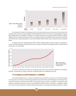 Mobilidade urbana sustentável: questões do porvir
17
Figura 2. Renda e mobilidade na cidade do
Rio de Janeiro.
Fonte: PDTU, 2005.
A acentuação dos índices de motorização torna-se mais preocupante ainda, pois tem sido maior justamente nas
camadas sociais usuárias do transporte público. Não é possível afirmar que esta tem sido a tônica generalizada, entretanto
alguns dados indicam essa tendência. Fernández, et al, (2004 p.6) afirmam que a mudança modal na década de 1990 em
Santiago, Chile, se deu pelo crescimento de renda, com redução do número de famílias de baixa renda e forte crescimento
do de média e alta, causando elevação do uso do automóvel pelas famílias de baixa renda, usualmente cativa do transporte
público.
Em Bogotá, apesar da implementação do BRT em 2000, exemplo seguido por grande número de metrópoles no
mundo, a taxa de motorização, que tendia a reduzir, ganhou impulso, revelando a necessidade de políticas complementares
para pautar o uso do automóvel.
Figura 3. Evolução da taxa de
motorização em Bogotá, 1990-2006.
Fonte: Bustamante (2007).
Em síntese, o crescimento de renda e de motorização pode ser dito como inexorável, sobretudo nos emergentes,
indicando a necessidade de mudanças profundas nas políticas públicas de mobilidade de até então.
2.2 As mudanças no perfil demográfico e a mobilidade
A transição demográfica iniciou a mudança da pirâmide etária, passando de uma estrutura com ampla participação
de crianças para um cenário de concentração nas populações mais velhas. Países de industrialização tardia começaram seu
processo de transição no final dos anos de 1960, mas os impactos sobre o consumo, a produção e o investimento ainda
poderão ser observados enquanto não houver uma estabilização da pirâmide etária. Até alcançar a estabilidade, cidades
como o Rio de Janeiro apresentaram quadros híbridos dessa evolução. A comparação dos dados registrados nas últimas
 