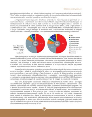 Mobilidade urbana sustentável: questões do porvir
35
para a expansão dessa tecnologia, para todos os modos de transporte, mas o investimento no desenvolvimento de metrôs,
VLTs e Trolebus, tecnologias baseadas na energia elétrica, também são elementos tecnológicos importantes para a adoção
de uma matriz energética sustentável associada ao uso coletivo dos transportes.
A mitigação de emissões de poluentes atmosféricos também é uma importante janela de oportunidade para o
incentivo tecnológico à sustentabilidade. Como demonstrado na Tabela 1, a dependência do sistema de transporte em
relação ao consumo de combustíveis fósseis, aliado a uma alta taxa de consumo energético, colocou o setor entre os
maiores produtores de dióxido de carbono, com mais de 8% da produção nacional (BRASIL, 2010). A Figura 5 mostra o
automóvel particular como o principal agente dessa massa de poluição emitida. Mas o presente trabalho evidencia que
a solução supera a mera transição tecnológica da atual divisão modal. O uso racional das infraestruturas de transporte
coletivas, associado à transformação tecnológica, é fator primordial para o desenvolvimento dessa lógica sustentável.
Figura 5. Divisão modal das
emissões de CO2
no setor de
transporte, 2009, e projeção
para 2020.
Fonte: Brasil, 2010.
Alguns planos políticos de mitigação das emissões de poluentes no setor de transporte apresentam uma história
nascida no final do século passado. Na Europa, as normas Euro de controle de emissão foram instituídas em fases de
1992 a 2005, para veículos leves e 2008 para os pesados. Essas medidas foram responsáveis pela introdução de algumas
tecnologias, como por exemplo, as bombas injetoras de alta pressão, que depois seriam substituídas pelas eletrônicas,
e os motores turbos e intercoolers. No Brasil, em moldes semelhantes ao da Europa, criou-se o Proconve, que promove
alterações importantes no nível de emissões individuais dos veículos.
Comparativamente, os programas conseguiram aumentar a eficiência da combustão dos motores promovendo uma
revolução tecnológica e redução da emissão individual do veículo, mas tal mudança foi negativamente compensada pelo
crescimento da frota em seu estado coletivo. A Figura 5 apresenta as emissões de dióxido de carbono por modo de
transporte e alerta que o transporte individual leve (automóveis + motocicletas) é responsável pela maioria das emissões
e, caso o padrão de viagens atual se perpetue, a projeção indica responsabilidade de mais de 74% em 2020. Esse cenário
demonstra que as iniciativas de suporte do avanço tecnológico em favor da mitigação de emissões são incompletas.
Dessa forma, duas propostas são colocadas em discussão como elementos de incentivo político a tecnologias
de sustentabilidade. Em primeiro lugar, por sua relação com os efeitos da matriz energética o direcionamento e para
incentivos a combustíveis cada vez menos emissores de poluentes. Os elementos destacados pelos programas Euro
e Proconve estão excessivamente atrelados à eficiência da combustão, enquanto poderiam destacar a introdução de
novos elementos, como o caso da adição de biodiesel ao diesel brasileiro. A segunda proposta, direcionada sobretudo,
ao plano operacional, é baseada na restrição/taxação sobre a circulação dos veículos individuais, acompanhada por
incentivos para a transição para os sistemas coletivos. É o caso de São Paulo que, em 1997, instalou o programa de
rodízio municipal de automóveis, com o objetivo de reduzir o tráfego e, consequentemente, as emissões de poluentes
nos períodos de pico. A vida ambientalmente útil do automóvel também deve ser revista, principalmente no transporte
de carga, cuja existência de veículos muito velhos ou em péssimo estado de conservação compromete a eficiência do
setor. A instalação de um sistema de vistorias programadas e regulamentadas pelo Poder Público podem surgir como
alternativa para a manutenção e renovação da frota.
 