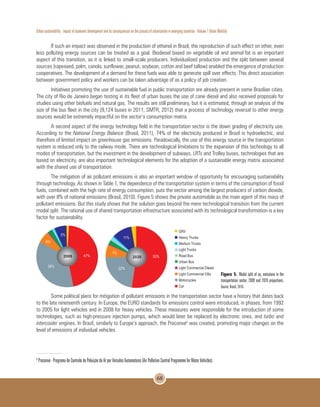 Urban sustainability : impact of economic development and its consequences on the process of urbanization in emerging countries - Volume 1 Urban Mobility
68
If such an impact was observed in the production of ethanol in Brazil, the reproduction of such effect on other, even
less polluting energy sources can be treated as a goal. Biodiesel based on vegetable oil and animal fat is an important
aspect of this transition, as it is linked to small-scale producers. Individualized production and the split between several
sources (rapeseed, palm, canola, sunflower, peanut, soybean, cotton and beef tallow) enabled the emergence of production
cooperatives. The development of a demand for these fuels was able to generate spill over effects. This direct association
between government policy and workers can be taken advantage of as a policy of job creation.
Initiatives promoting the use of sustainable fuel in public transportation are already present in some Brazilian cities.
The city of Rio de Janeiro began testing in its fleet of urban buses the use of cane diesel and also received proposals for
studies using other biofuels and natural gas. The results are still preliminary, but it is estimated, through an analysis of the
size of the bus fleet in the city (9,124 buses in 2011, SMTR, 2012) that a process of technology reversal to other energy
sources would be extremely impactful on the sector’s consumption matrix.
A second aspect of the energy technology field in the transportation sector is the down grading of electricity use.
According to the National Energy Balance (Brasil, 2011), 74% of the electricity produced in Brazil is hydroelectric, and
therefore of limited impact on greenhouse gas emissions. Paradoxically, the use of this energy source in the transportation
system is reduced only to the railway mode. There are technological limitations to the expansion of this technology to all
modes of transportation, but the investment in the development of subways, LRTs and Trolley buses, technologies that are
based on electricity, are also important technological elements for the adoption of a sustainable energy matrix associated
with the shared use of transportation.
The mitigation of air pollutant emissions is also an important window of opportunity for encouraging sustainability
through technology. As shown in Table 1, the dependence of the transportation system in terms of the consumption of fossil
fuels, combined with the high rate of energy consumption, puts the sector among the largest producers of carbon dioxide,
with over 8% of national emissions (Brasil, 2010). Figure 5 shows the private automobile as the main agent of this mass of
pollutant emissions. But this study shows that the solution goes beyond the mere technological transition from the current
modal split. The rational use of shared transportation infrastructure associated with its technological transformation is a key
factor for sustainability.
Figure 5. Modal split of co2
emissions in the
transportation sector, 2009 and 2020 projections.
Source: Brasil, 2010.
Some political plans for mitigation of pollutant emissions in the transportation sector have a history that dates back
to the late nineteenth century. In Europe, the EURO standards for emissions control were introduced, in phases, from 1992
to 2005 for light vehicles and in 2008 for heavy vehicles. These measures were responsible for the introduction of some
technologies, such as high-pressure injection pumps, which would later be replaced by electronic ones, and turbo and
intercooler engines. In Brazil, similarly to Europe’s approach, the Proconve6
was created, promoting major changes on the
level of emissions of individual vehicles.
6
Proconve - Programa de Controle da Poluição do Ar por Veículos Automotores (Air Pollution Control Programme for Motor Vehicles).
 