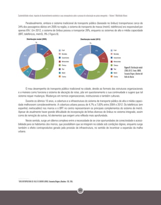 88
Sustentabilidade urbana: impactos do desenvolvimento econômico e suas consequências sobre o processo de urbanização em países emergentes – Volume 1 Mobilidade Urbana
Paradoxalmente, embora o sistema tradicional de transporte público (baseado no ônibus) transportasse cerca de
34% dos passageiros diários em 2005 na região, o sistema de transporte de massa (metrô, teleféricos) era responsável por
apenas 6%2
. Em 2012, o sistema de ônibus passou a transportar 28%, enquanto os sistemas de alta e média capacidade
(BRT, teleféricos, metrô), 9% ( Figura 8).
Figura 8. Distribuição modal
(2005-2012). Fonte: AMVA.
Encuesta Origen y Destino del
Valle de Aburrá.
O mau desempenho do transporte público tradicional na cidade, devido ao formato das estruturas organizacionais
e a maneira como funciona o sistema de alocação de rotas, põe em questionamento a sua continuidade e sugere que tal
sistema requer mudanças. Mudanças em termos organizacionais, institucionais e também culturais.
Durante os últimos 10 anos, a cobertura e a infraestrutura do sistema de transporte público de alta e média capaci-
dade melhoraram consideravelmente. A cobertura urbana passou de 4,7% a 7,83% entre 2004 e 2012. Os teleféricos (em
espanhol, metrocables) nos morros e o BRT no centro representaram os principais complementos do sistema de metrô.
Apesar de atualmente haver grande dificuldade de incorporação de linhas diversas de ônibus no sistema integrado, assim
como de remoção de outras, há elementos que exigem uma reflexão mais aprofundada.
Neste sentido, surge um dilema complexo entre a necessidade de se criar oportunidades de conectividade e acessi-
bilidade para os habitantes dos morros, que possibilitem que se integrem na cidade sob condições dignas, enquanto surge
também o efeito contraprodutivo gerado pela provisão de infraestrutura, no sentido de incentivar a expansão da malha
urbana.
2
ÁREA METROPOLITANA DEL VALLE DE ABURRÁ (AMVA).Encuesta Origen y Destino - EOD, 2005.
 