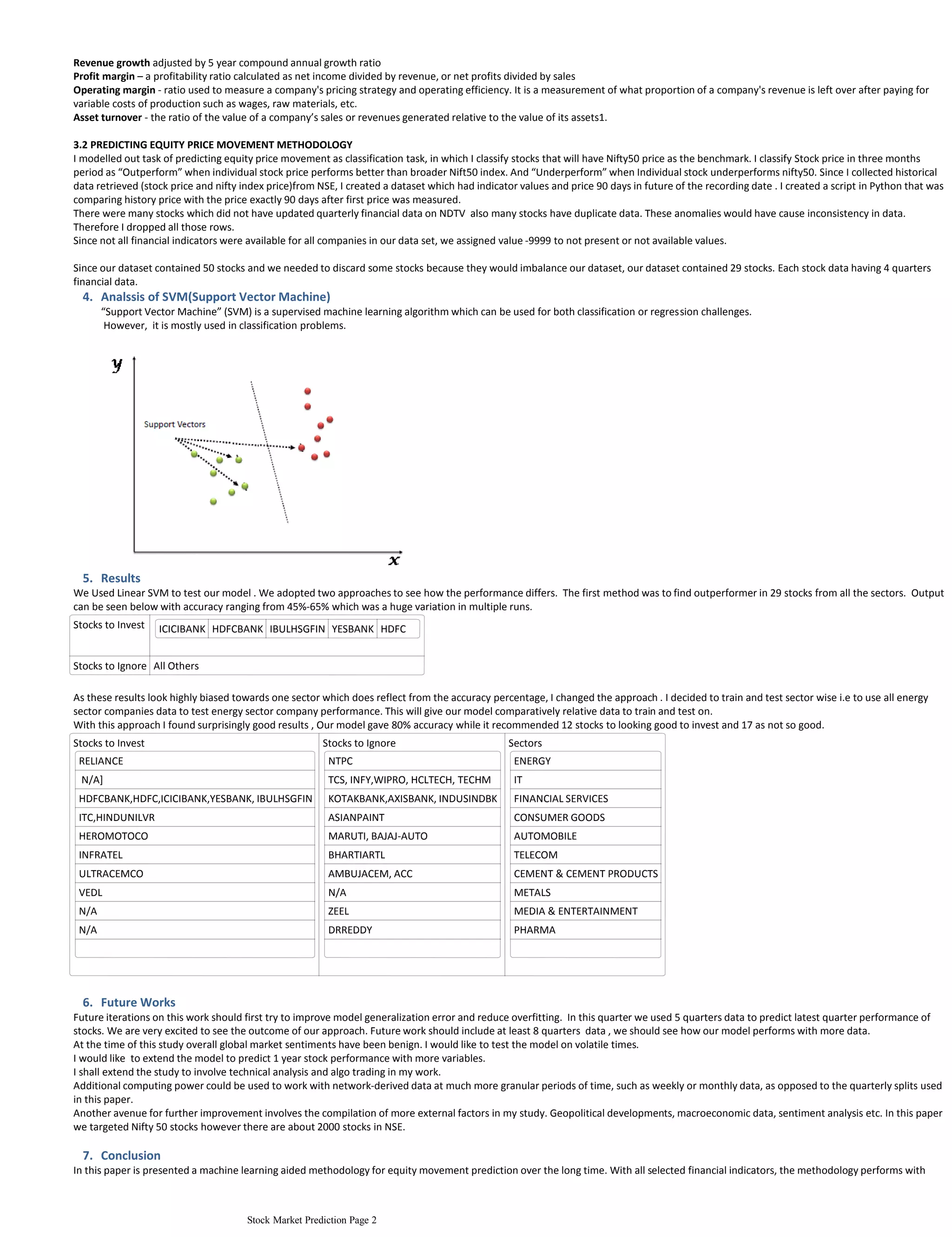 Revenue growth adjusted by 5 year compound annual growth ratio
Profit margin – a profitability ratio calculated as net income divided by revenue, or net profits divided by sales
Operating margin - ratio used to measure a company's pricing strategy and operating efficiency. It is a measurement of what proportion of a company's revenue is left over after paying for
variable costs of production such as wages, raw materials, etc.
Asset turnover - the ratio of the value of a company’s sales or revenues generated relative to the value of its assets1.
3.2 PREDICTING EQUITY PRICE MOVEMENT METHODOLOGY
I modelled out task of predicting equity price movement as classification task, in which I classify stocks that will have Nifty50 price as the benchmark. I classify Stock price in three months
period as “Outperform” when individual stock price performs better than broader Nift50 index. And “Underperform” when Individual stock underperforms nifty50. Since I collected historical
data retrieved (stock price and nifty index price)from NSE, I created a dataset which had indicator values and price 90 days in future of the recording date . I created a script in Python that was
comparing history price with the price exactly 90 days after first price was measured.
There were many stocks which did not have updated quarterly financial data on NDTV also many stocks have duplicate data. These anomalies would have cause inconsistency in data.
Therefore I dropped all those rows.
Since not all financial indicators were available for all companies in our data set, we assigned value -9999 to not present or not available values.
Analssis of SVM(Support Vector Machine)4.
“Support Vector Machine” (SVM) is a supervised machine learning algorithm which can be used for both classification or regression challenges.
However, it is mostly used in classification problems.
Results5.
Since our dataset contained 50 stocks and we needed to discard some stocks because they would imbalance our dataset, our dataset contained 29 stocks. Each stock data having 4 quarters
financial data.
We Used Linear SVM to test our model . We adopted two approaches to see how the performance differs. The first method was to find outperformer in 29 stocks from all the sectors. Output
can be seen below with accuracy ranging from 45%-65% which was a huge variation in multiple runs.
Stocks to Invest ICICIBANK HDFCBANK IBULHSGFIN YESBANK HDFC
Stocks to Ignore All Others
As these results look highly biased towards one sector which does reflect from the accuracy percentage, I changed the approach . I decided to train and test sector wise i.e to use all energy
sector companies data to test energy sector company performance. This will give our model comparatively relative data to train and test on.
With this approach I found surprisingly good results , Our model gave 80% accuracy while it recommended 12 stocks to looking good to invest and 17 as not so good.
Stocks to Invest
RELIANCE
N/A]
HDFCBANK,HDFC,ICICIBANK,YESBANK, IBULHSGFIN
ITC,HINDUNILVR
HEROMOTOCO
INFRATEL
ULTRACEMCO
VEDL
N/A
N/A
Stocks to Ignore
NTPC
TCS, INFY,WIPRO, HCLTECH, TECHM
KOTAKBANK,AXISBANK, INDUSINDBK
ASIANPAINT
MARUTI, BAJAJ-AUTO
BHARTIARTL
AMBUJACEM, ACC
N/A
ZEEL
DRREDDY
Sectors
ENERGY
IT
FINANCIAL SERVICES
CONSUMER GOODS
AUTOMOBILE
TELECOM
CEMENT & CEMENT PRODUCTS
METALS
MEDIA & ENTERTAINMENT
PHARMA
Future Works6.
Future iterations on this work should first try to improve model generalization error and reduce overfitting. In this quarter we used 5 quarters data to predict latest quarter performance of
stocks. We are very excited to see the outcome of our approach. Future work should include at least 8 quarters data , we should see how our model performs with more data.
At the time of this study overall global market sentiments have been benign. I would like to test the model on volatile times.
I would like to extend the model to predict 1 year stock performance with more variables.
I shall extend the study to involve technical analysis and algo trading in my work.
Additional computing power could be used to work with network-derived data at much more granular periods of time, such as weekly or monthly data, as opposed to the quarterly splits used
in this paper.
Another avenue for further improvement involves the compilation of more external factors in my study. Geopolitical developments, macroeconomic data, sentiment analysis etc. In this paper
we targeted Nifty 50 stocks however there are about 2000 stocks in NSE.
Conclusion7.
In this paper is presented a machine learning aided methodology for equity movement prediction over the long time. With all selected financial indicators, the methodology performs with
accuracy of 80.1%
Stock Market Prediction Page 2
 