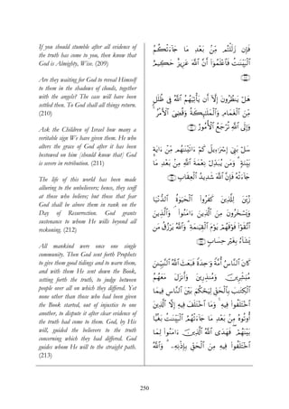 If you should stumble after all evidence of            ãΝà6ø?u™!%y` $tΒ Ï‰÷èt/ ⎯ÏiΒ ΟçFù=s9y— βÎ*sù
                                                                               .
the truth has come to you, then know that
God is Almighty, Wise. (209)                           íΟŠÅ6ym î“ƒÍ•tã ©!$# ¨βr& (#þθßϑn=÷æ$$sù àM≈oΨÉit6ø9$#

Are they waiting for God to reveal Himself                                                                     ∩⊄⊃®∪
to them in the shadows of clouds, together
with the angels? The case will have been               9≅n=àß ’Îû ª!$# ãΝßγuŠÏ?ù'tƒ βr& HωÎ) tβρãÝàΨtƒ ö≅yδ
settled then. To God shall all things return.
(210)                                                  4 ãøΒF{$# z©ÅÓè%uρ èπx6Í×¯≈n=yϑø9$#uρ ÏΘ$yϑtóø9$# z⎯ÏiΒ

Ask the Children of Israel how many a                                        ∩⊄⊇⊃∪ â‘θãΒW{$# ßìy_ö? !$# ’n<Î)uρ
                                                                                                   è «
veritable sign We have given them. He who
alters the grace of God after it has been              ¥πtƒ#u™ ô⎯ÏiΒ Οßγ≈oΨ÷s?#u™ öΝx. Ÿ≅ƒÏ™ℜuó Î) û©Í_/ ö≅y™
                                                                                                         t
bestowed on him [should know that] God
is severe in retribution. (211)                        $tΒ Ï‰÷èt/ .⎯ÏΒ «!$# sπyϑ÷èΡ öΑÏd‰t7ãƒ ⎯tΒuρ 3 7πuΖÉit/
                                                                                  Ï

The life of this world has been made                             ∩⊄⊇⊇∪ É>$s)Ïè9$# ß‰ƒÏ‰x© ©!$# ¨βÎ*sù çμø?u™!%y`
                                                                              ø
alluring to the unbelievers; hence, they scoff
at those who believe; but those that fear              $u‹÷Ρ‘‰9$#    äο4θuŠysø9$#     (#ρãxx.    t⎦⎪Ï%©#Ï9   t⎦Éi⎪ã—
God shall be above them in rank on the
Day of Resurrection. God grants                        z⎯ƒÉ‹©9$#uρ ¢ (#θãΖtΒ#u™ z⎯ƒÏ%©!$# z⎯ÏΒ tβρãy‚ó¡o„uρ
sustenance to whom He wills beyond all
reckoning. (212)                                       ⎯tΒ ä−ã—ötƒ !$#ρ 3 Ïπyϑ≈uŠÉ)ø9$# Πöθtƒ óΟßγs%öθsù (#öθs)¨?$#
                                                                    ª u                  t

                                                                                    ∩⊄⊇⊄∪ 5>$|¡Ïm ÎötóÎ/ â™!$t±o„
All mankind were once one single
community. Then God sent forth Prophets
to give them good tidings and to warn them,            z⎯↵ÍhŠÎ;¨Ψ9$# !$# y]yèt7sù Zοy‰Ïn≡uρ Zπ¨Βé& â¨$¨Ζ9$# tβ%x.
                                                                     ª
and with them He sent down the Book,
setting forth the truth, to judge between              ãΝßγyèΒ
                                                             t      tΑt“Ρr&uρ       t⎦⎪Í‘É‹ΨãΒuρ     š⎥⎪ÌÏe±u;ãΒ
people over all on which they differed. Yet            $yϑŠÏù Ä¨$¨Ζ9$# t⎦÷⎫t/ zΝä3ósuŠÏ9 Èd,ysø9$$Î/ |=≈tGÅ3ø9$#
none other than those who had been given
the Book started, out of injustice to one              t⎦⎪Ï%©!$# ωÎ) ÏμŠÏù y#n=tG÷z$# $tΒuρ 4 ÏμŠÏù (#θà=tF÷z$#
                                                                                                          n
another, to dispute it after clear evidence of
the truth had come to them. God, by His                $JŠøót/ àM≈oΨÉit6ø9$# ÞΟßγø?u™!%y` $tΒ Ï‰÷èt/ .⎯ÏΒ çνθè?ρé&
will, guided the believers to the truth                $yϑÏ9 (#θãΖtΒ#u™ š⎥⎪Ï%©!$# ª!$# “y‰yγsù ( óΟßγΨ÷t/
                                                                                                     o
concerning which they had differed. God
guides whom He will to the straight path.              ª!$#uρ 3 ⎯ÏμÏΡøŒÎ*Î/ Èd,ysø9$# z⎯ÏΒ ÏμŠÏù (#θàn=tF÷z$#
(213)



                                                 250
 