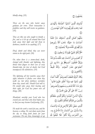 blindly along. (15)                                                                           ∩⊇∈∪ tβθßγyϑ÷ètƒ


These are the ones who barter away                   3“y‰ßγø9$$Î/ s's#≈n=Ò9$# (#ãρutIô©$# t⎦⎪Ï%©!$# y7Í×¯≈s9'ρé&
guidance for error. Their transaction is
profitless and they will receive no guidance.        š⎥⎪Ï‰tGôγãΒ (#θçΡ%x. $tΒuρ öΝßγè?t≈pgÏkB Mpt¿2u‘ $yϑsù
(16)
                                                                                                            ∩⊇∉∪
They are like one who sought to kindle a             !$£ϑn=sù #Y‘$tΡ y‰s%öθtGó™$# “Ï%©!$# È≅sVyϑx. öΝßγè=sVtΒ
fire, and as it lit up all around him God
took away their light and left them in               öΝÏδÍ‘θãΖÎ/ ª!$# |=yδsŒ …ã&s!öθym $tΒ ôNu™!$|Êr&
darkness, unable to see anything. (17)
                                                              ∩⊇∠∪ tβρçÅÇö6ãƒ ω ;M≈yϑè=àß ’Îû öΝßγx.s?uρ
                                                                                                      t
Deaf, dumb and blind, they can never
return to the right path. (18)                              ∩⊇∇∪ tβθãèÅ_ötƒ Ÿω öΝßγsù Ò‘ôϑãã íΝõ3ç/ BΛà¼

                                                     Ó‰ôãu‘uρ ×M≈uΚè=àß ÏμŠÏù Ï™!$yϑ¡¡9$# z⎯ÏiΒ =ÍhŠ|Áx. ÷ρr&
                                                                                                5
Or, when there is a storm-cloud, dark,
charged with thunder and lightning, they             z⎯ÏiΒ ΝÍκÍΞ#sŒ#u™ þ’Îû ÷ΛàιyèÎ6≈|¹r& tβθè=yèøgs† ×−öt/uρ
thrust their fingers in their ears at every
thunder-clap, for fear of death; but God             8ÝŠÏtèΧ ª!$#uρ 4 ÏNöθyϑø9$# u‘x‹tn È,Ïã≡uθ¢Á9$#
encompasses the unbelievers. (19)
                                                                                            ∩⊇®∪ t⎦⎪ÌÏ≈s3ø9$$Î/
The lightning all but snatches away their            u™!$|Êr& !$yϑ¯=ä. ( öΝèδt≈|Áö/r& ß#sÜøƒs† ä−÷9ø9$# ßŠ%s3tƒ
                                                                                                    y
sight; whenever it flashes over them they
walk on, but when darkness overtakes                 4 (#θãΒ$s% öΝÍκön=tæ zΝn=øßr& !#sŒÎ)uρ ÏμŠÏù (#öθt±¨Β Νßγs9
them they stand still. Should God will it,
He would take away their hearing and                 4 öΝδÌ≈|Áö/r&uρ öΝÎγÏèϑ|¡Î/ |=yδs%s! !$# u™!$x© öθs9uρ
                                                         Ï                  ô              ª
their sight, for God has power over all
things. (20)                                                    ∩⊄⊃∪ ÖƒÏ‰s% &™ó©x« Èe≅ä. 4’n?tã ©!$# χÎ)

                                                     öΝä3s)=s{ “Ï%©!$# ãΝä3−/u‘ (#ρß‰ç6ôã$# â¨$¨Ψ9$# $pκš‰r'¯≈tƒ
                                                           n
Mankind, worship your Lord who has
created you and those who lived before you,                 ∩⊄⊇∪ tβθà)−Gs? öΝä3ª=yès9 öΝä3Î=ö6s% ⎯ÏΒ t⎦⎪Ï%©!$#uρ
so that you may become God-fearing. (21)
                                                     u™!$yϑ¡¡9$#uρ $V©≡tÏù uÚö‘F{$# ãΝä3s9 Ÿ≅yèy_ “Ï%©!$#
He made the earth a couch for you, and the
heavens a ceiling. He sent down water from           ⎯ÏμÎ/ ylt÷zr'sù [™!$tΒ Ï™!$yϑ¡¡9$# z⎯ÏΒ tΑt“Ρr&uρ [™!$oΨÎ/
the sky to bring forth fruits for your
sustenance. Do not, then, knowingly set up                                                            z
                                                     ¬! (#θè=yèøgrB Ÿξsù ( öΝä3©9 $]%—Í‘ ÏN≡tyϑ¨V9$# ⎯ÏΒ
                                                                                     ø




                                                23
 